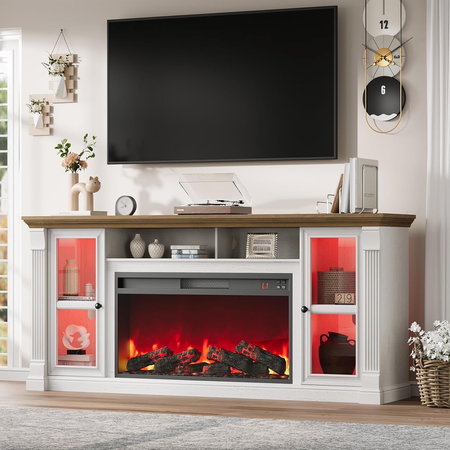 Farmhouse Fireplace TV Stand Up to 80 TVs, 70 Modern Highboy Entertainment Center with 36 Electric Fireplace & LED Lights, Media Console with Adjustable Shelves for Living Room, Antique White