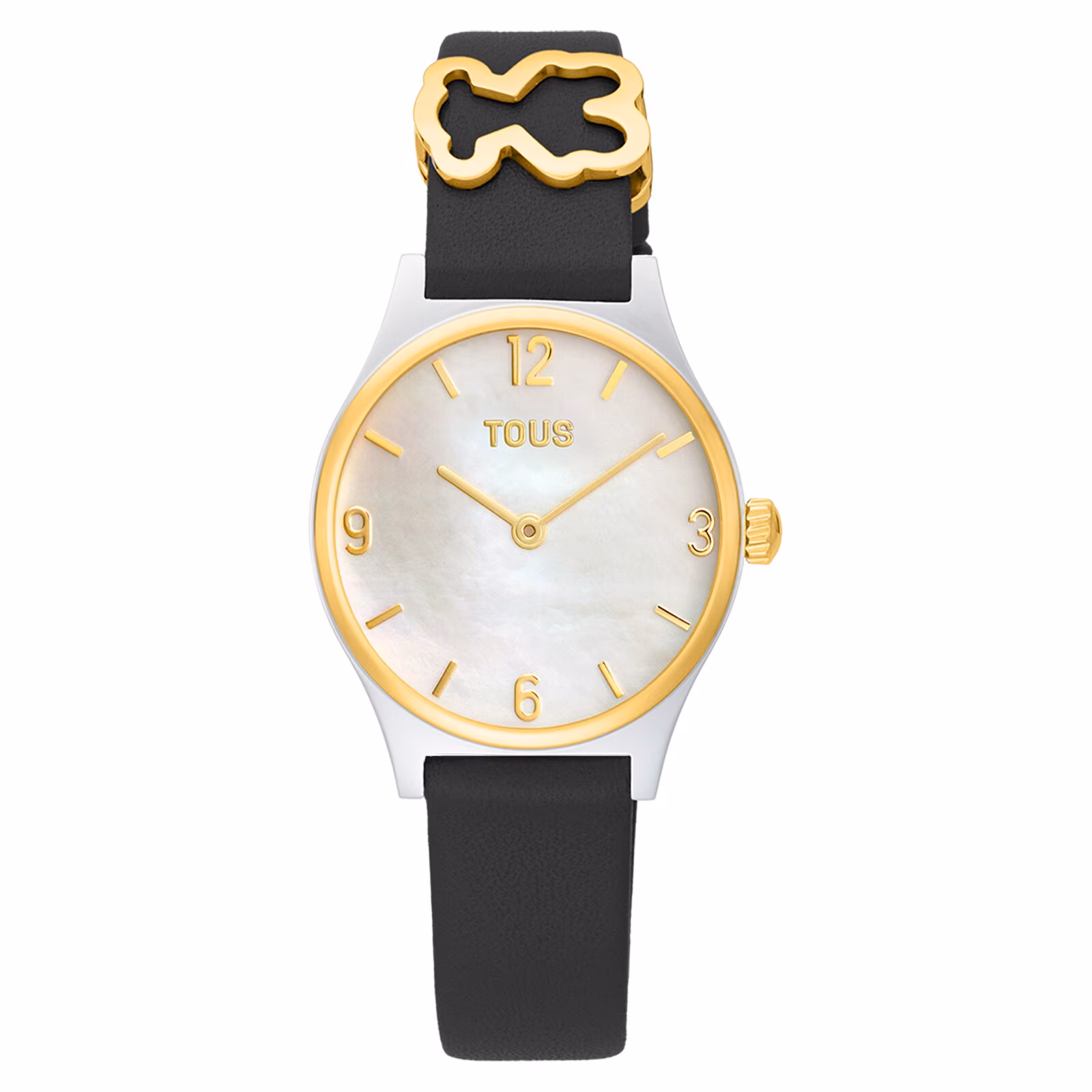 Reloj analógico con brazalete de piel negra, acero dorado y esfera de nácar Epic Icon