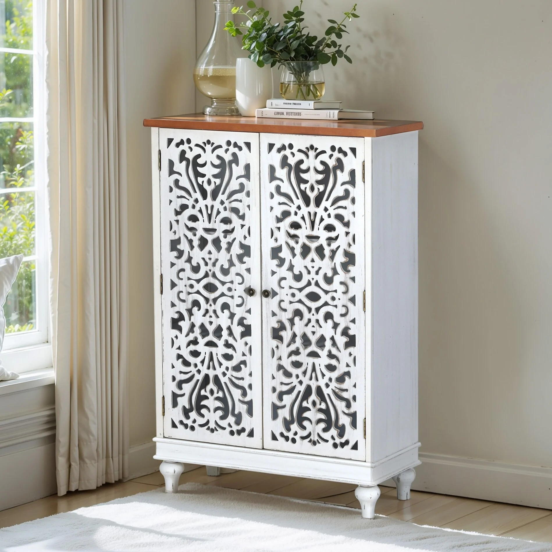 PHI VILLA 2-door Retro Antique Hollow-Carved Storage Cabinet
