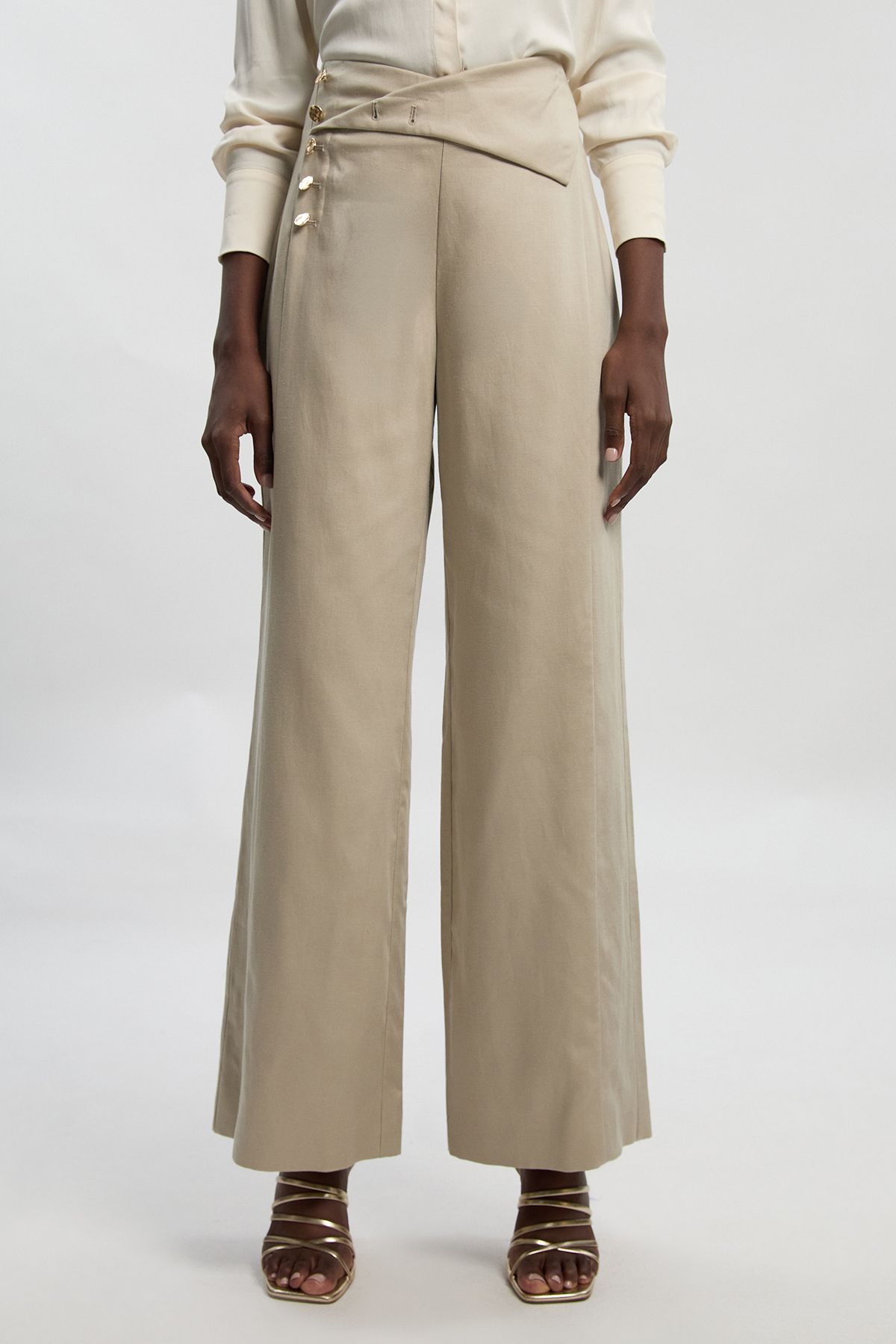 KarenMillen Petite Tailored Linen Button Front Wide Leg Trouser