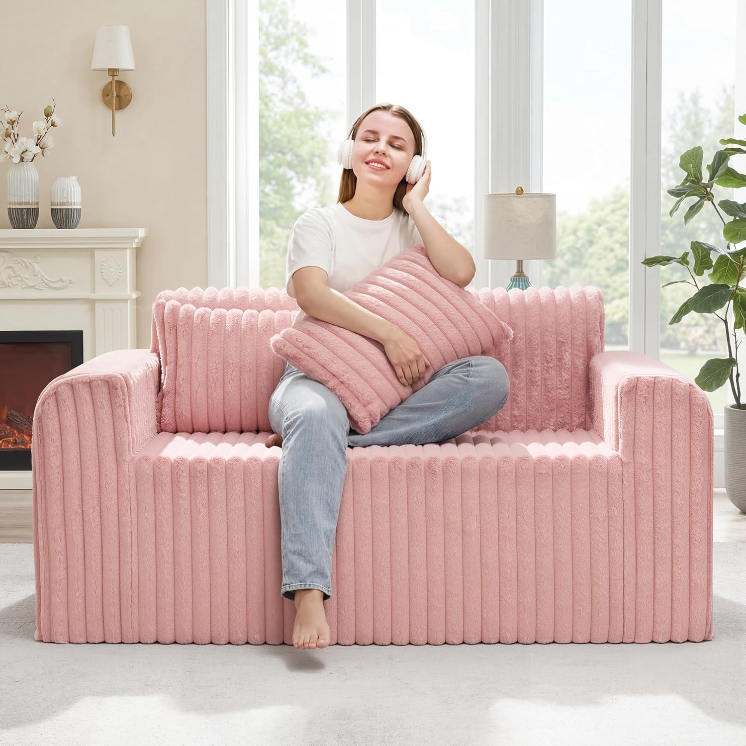 Hobestluk Couch Sofa 2-Seater Foam Sofa Loveseat for Small Spaces Comfy Sofas with Removable Cover Furry Couch with Pillows for Living Room, Bedroom, Apartment, Office (Pink, Loveseat)