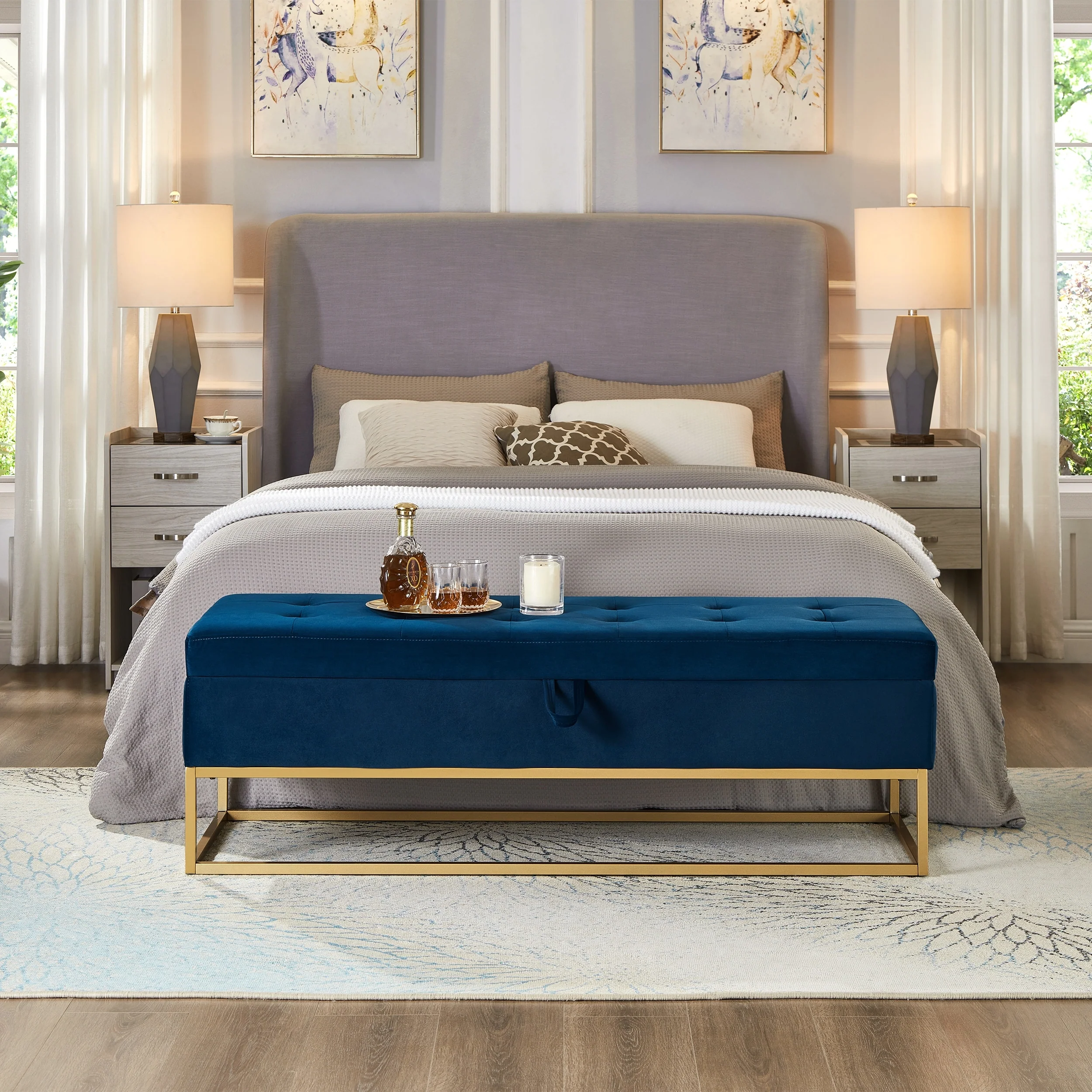 GDFStudio - Charlotte Velvet Tufted Storage Bench with Metal Base