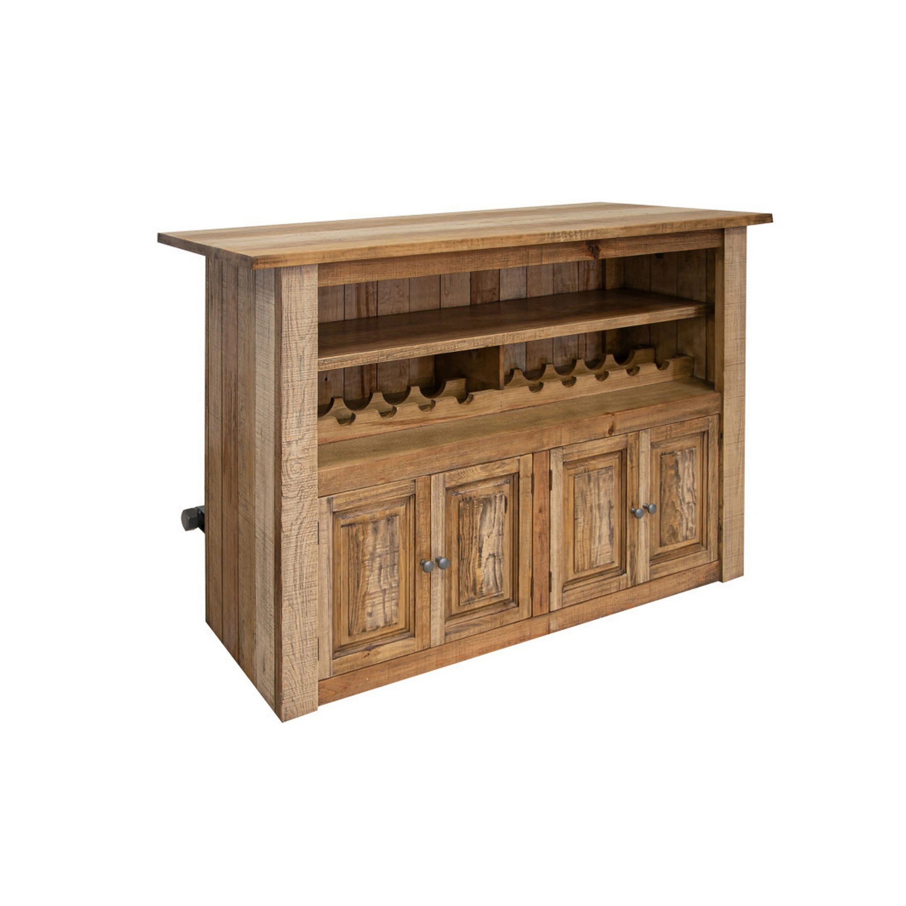 Ebb Home Bar Counter Freestanding Table, 4 Storage Doors, Brown Wood