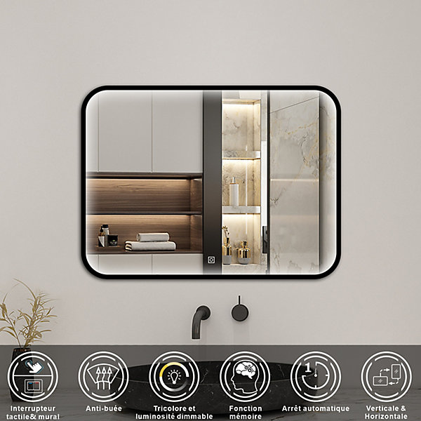 Miroir LED pour Salle de Bain 80x60 cm - Anti-Buée, Lumière tricolore et Dimmable