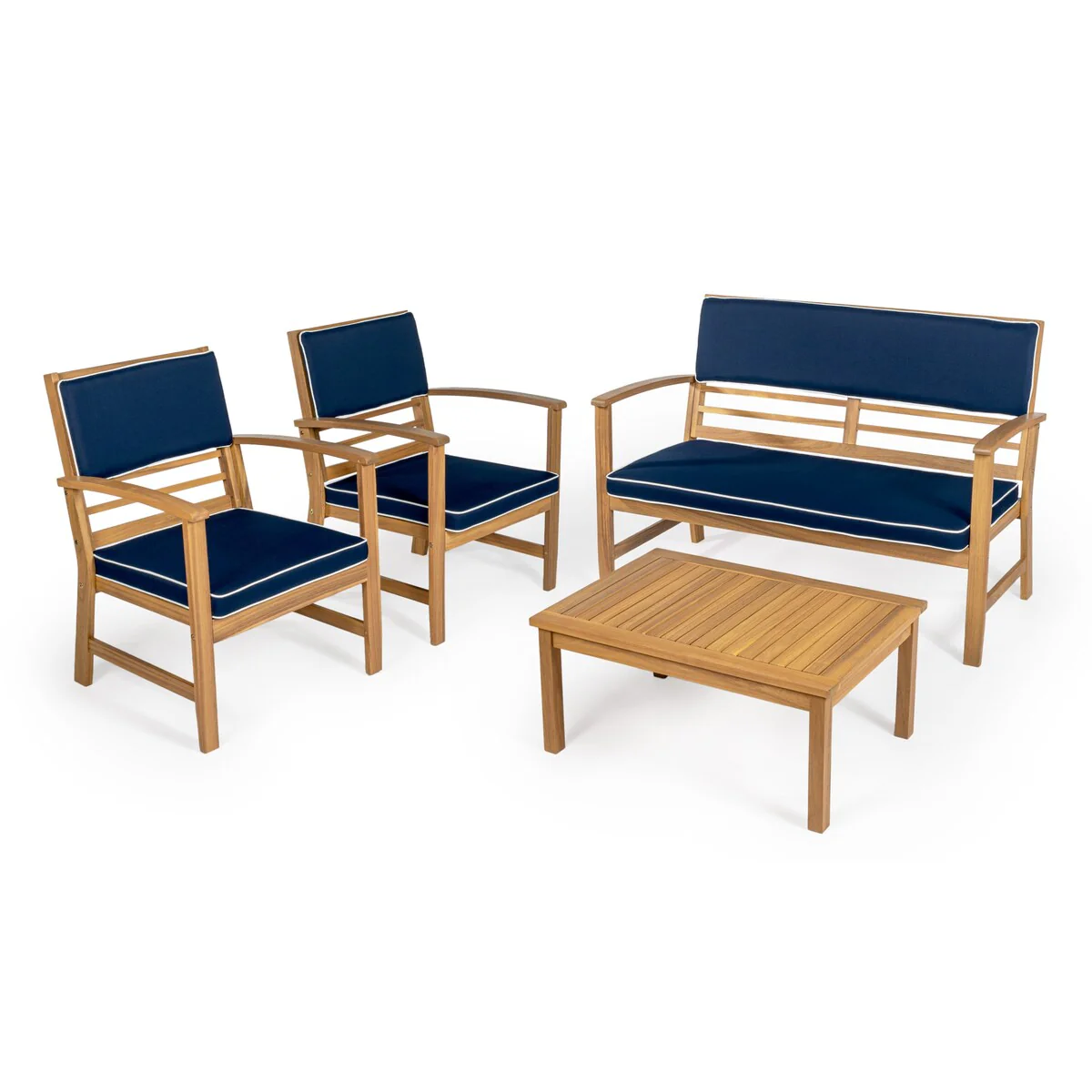 Freja 4-Piece Modern Coastal Acacia Wood Conversation Outdoor Patio Set with Cushions, by JONATHAN Y