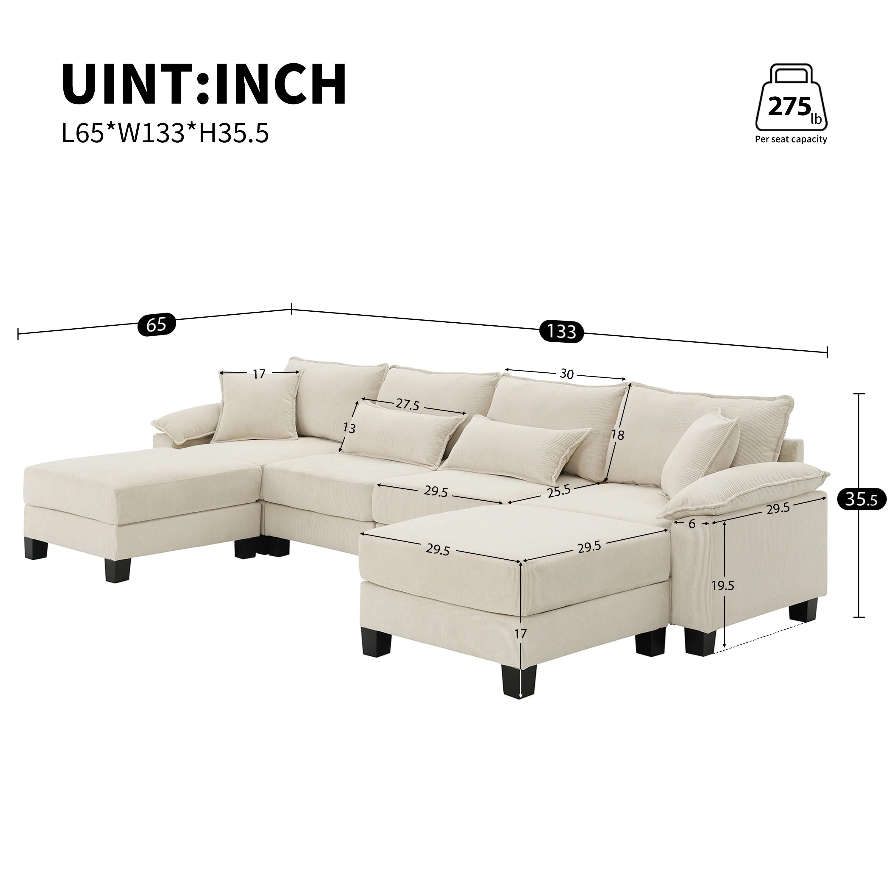 73'' Fabric 6-Seat Modular Sectional Sofa Bed with Armrests, Lumbar Pillows, Versatile Design, and Additional Ottomans