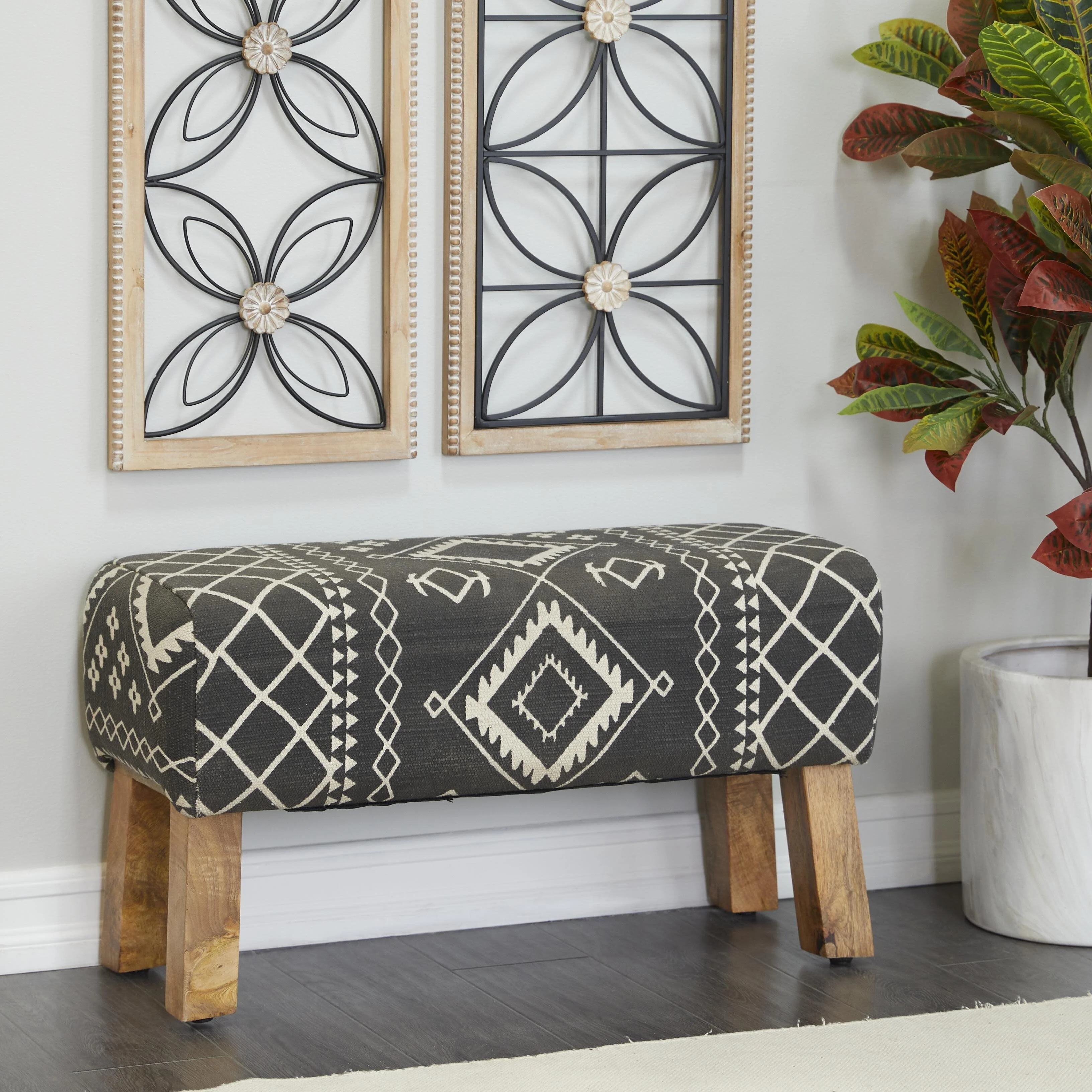 Fabric Tribal Upholstered Home Bench with Wood Legs - Black - Roche River Decor
