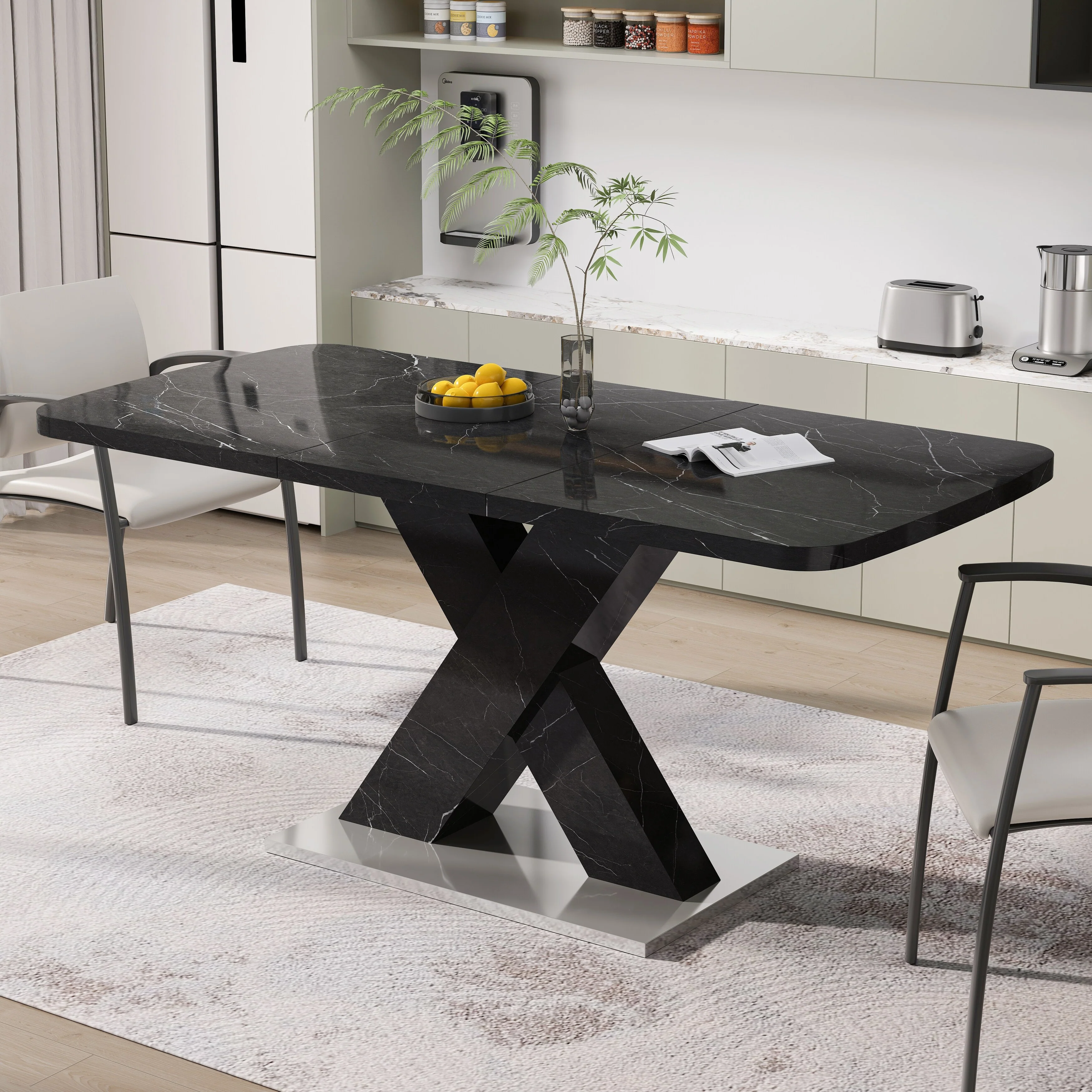 Modern Stretchable Dining Table with X-Shape Table Leg & Metal Base