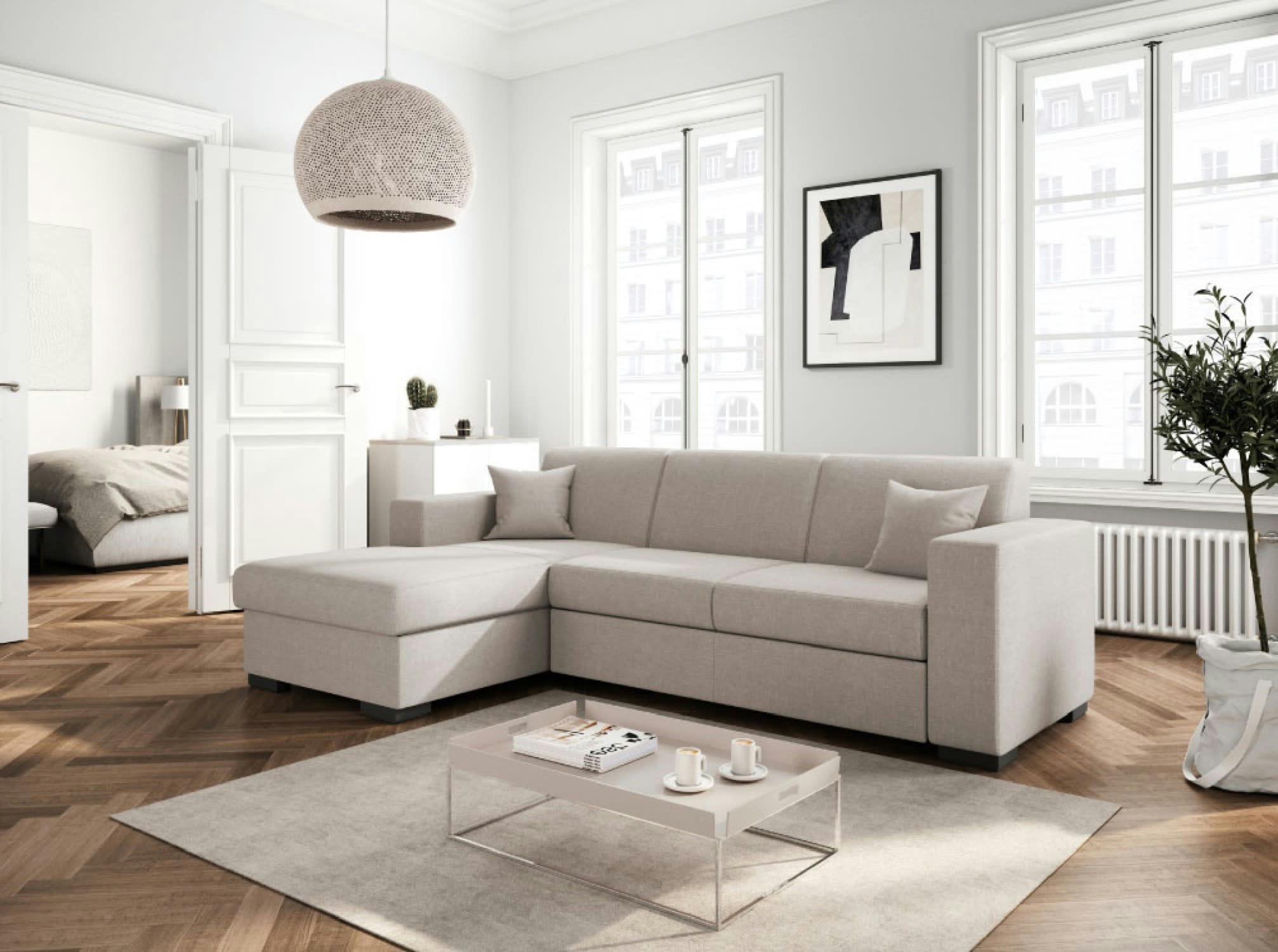 FUJI - Canapé d'angle gauche convertible en tissu beige