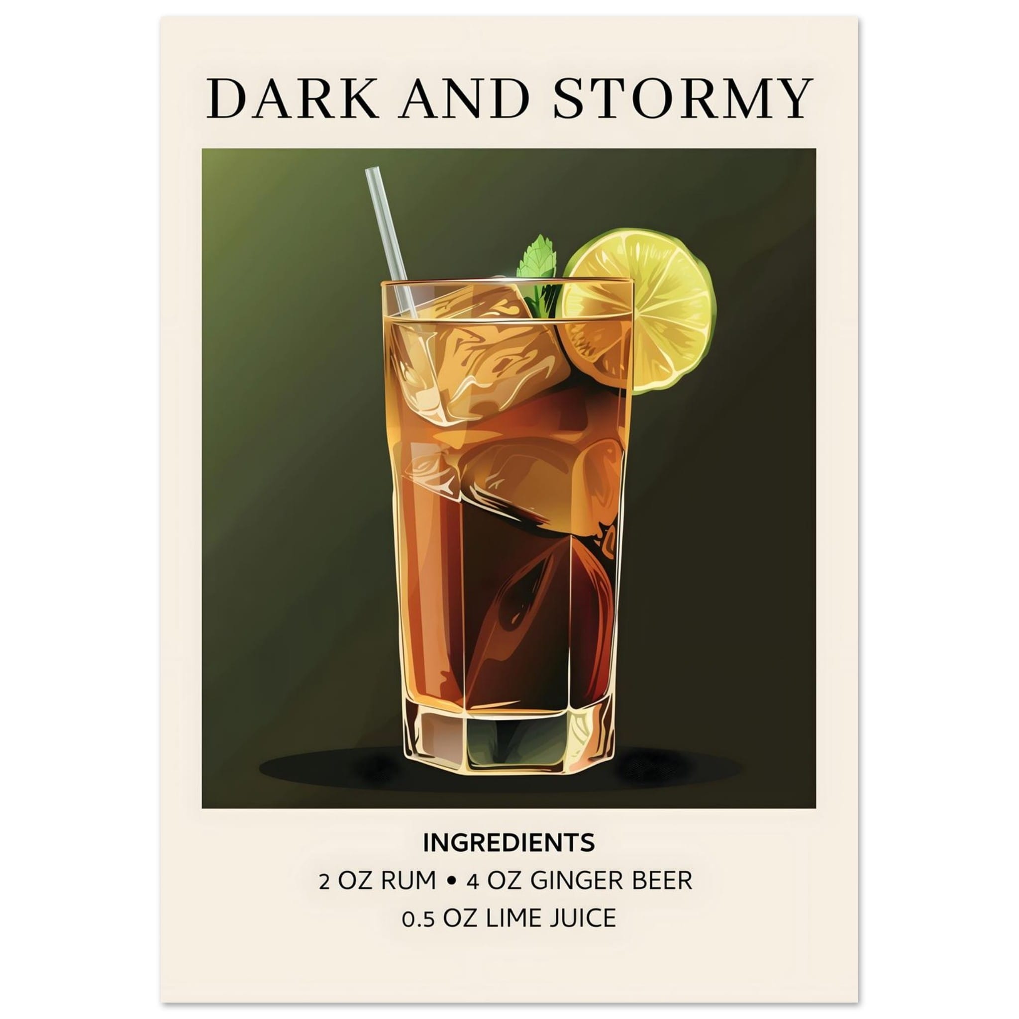 Artfulprints Poster Dark and Stormy cocktail - Ingrediënten  - A4 21x29.7 cm - Donkergroen