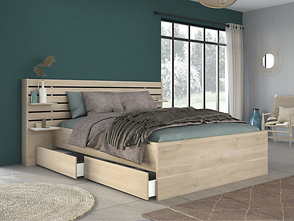 Lit 160 x 200 cm avec rangements - Coloris : Naturel   Sommier - TENALIA II
