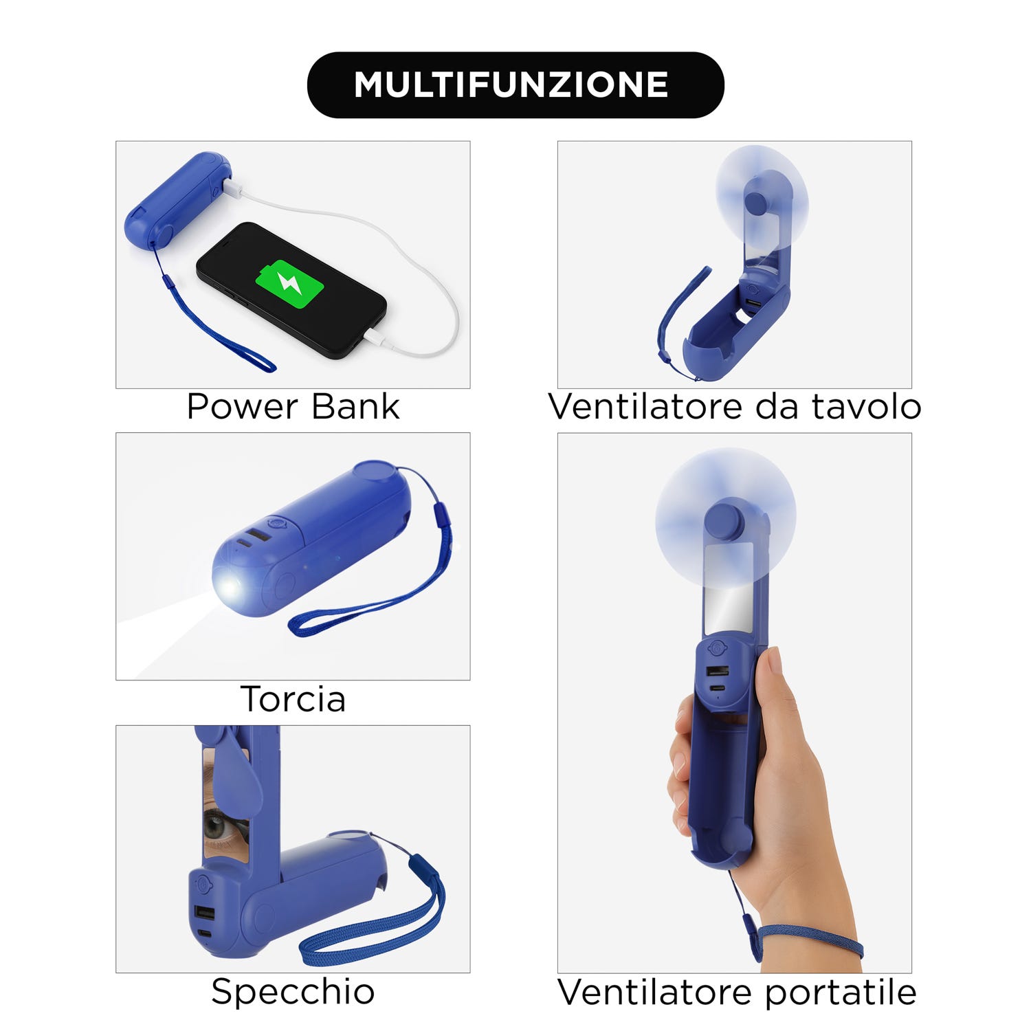 Miniventilatore blu con specchio, power bank e torcia