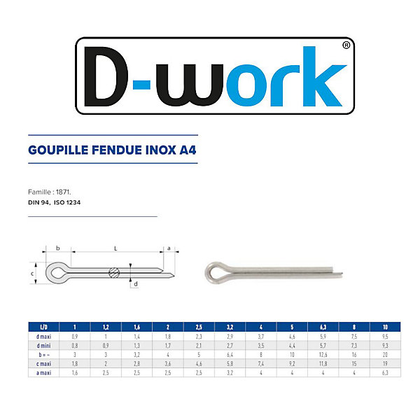 50 Goupilles Fendues D. 6.3 x 80 mm - DIN 94 - Inox A4 - D-Work