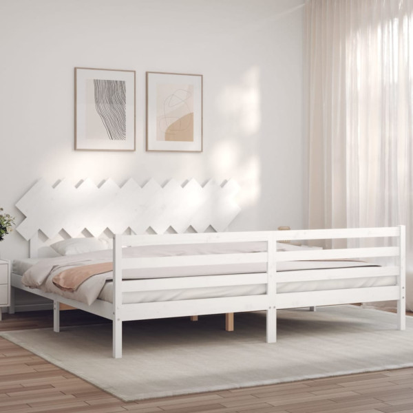 Rama łóżka z wezgłowiem biała 200x200 cm lite drewno