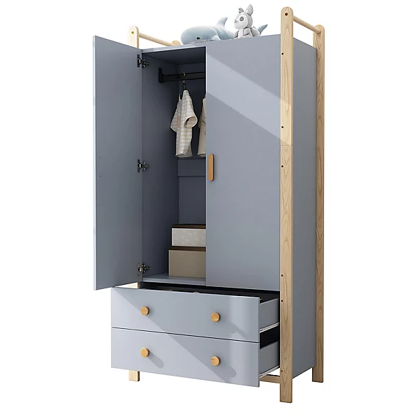 Armoire à 2 portes avec tringle et tiroirs,90x45x180cm,bleu et pin, pour chambre salon vestiaire