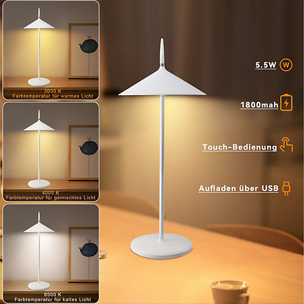 Nettlife lampe de table à piles lampe de chevet led, lot de 2 lampes de table sans fil 1800mha, rechargeable, tactile, blanc, ip44