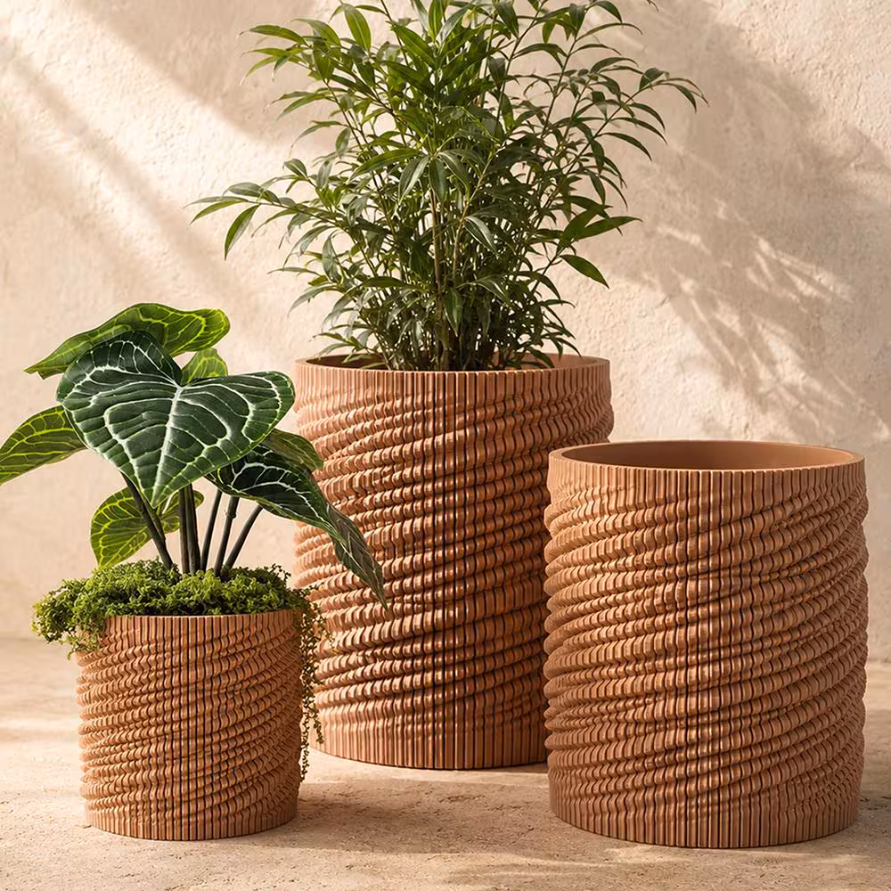 Wooden Waves Ribbed Planter with Water Tray, 5 Size Options, 34 Color Options