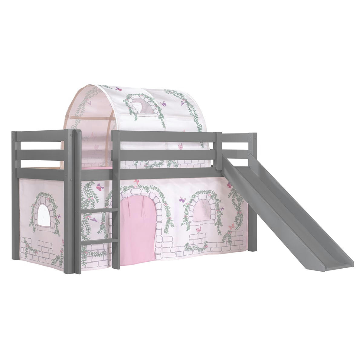 PINO - Lit mi-hauteur 90x200 toboggan sommier inclus housse birdy gris