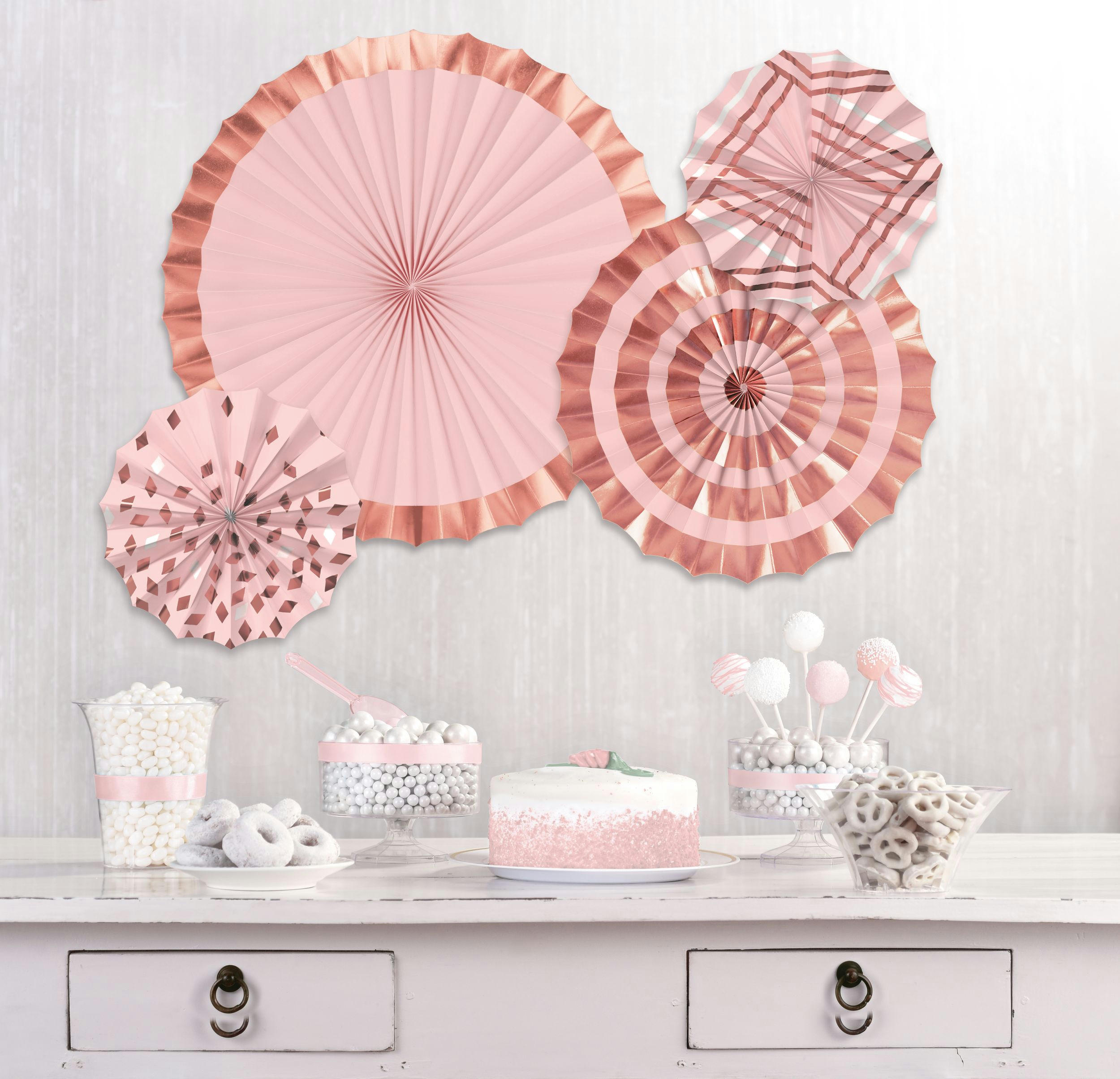 Metallic Rose Gold & Pink Paper Fan Decorations, 4-pc