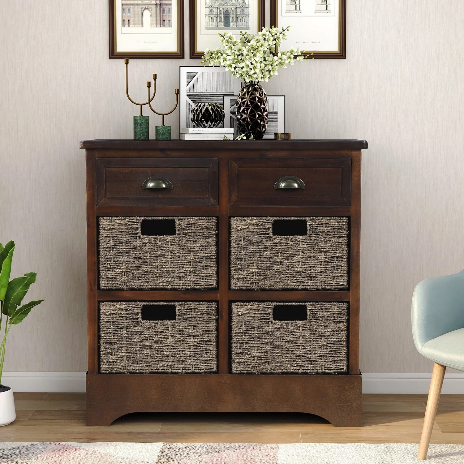 Rustic Storage Cabinet with Drawers and Rattan Baskets - 11.80 x 28.00 x 28.00
