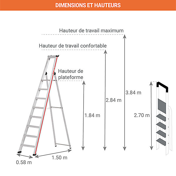 Escabeau 8 marches - Hauteur atteignable 3.84m - 6026/08