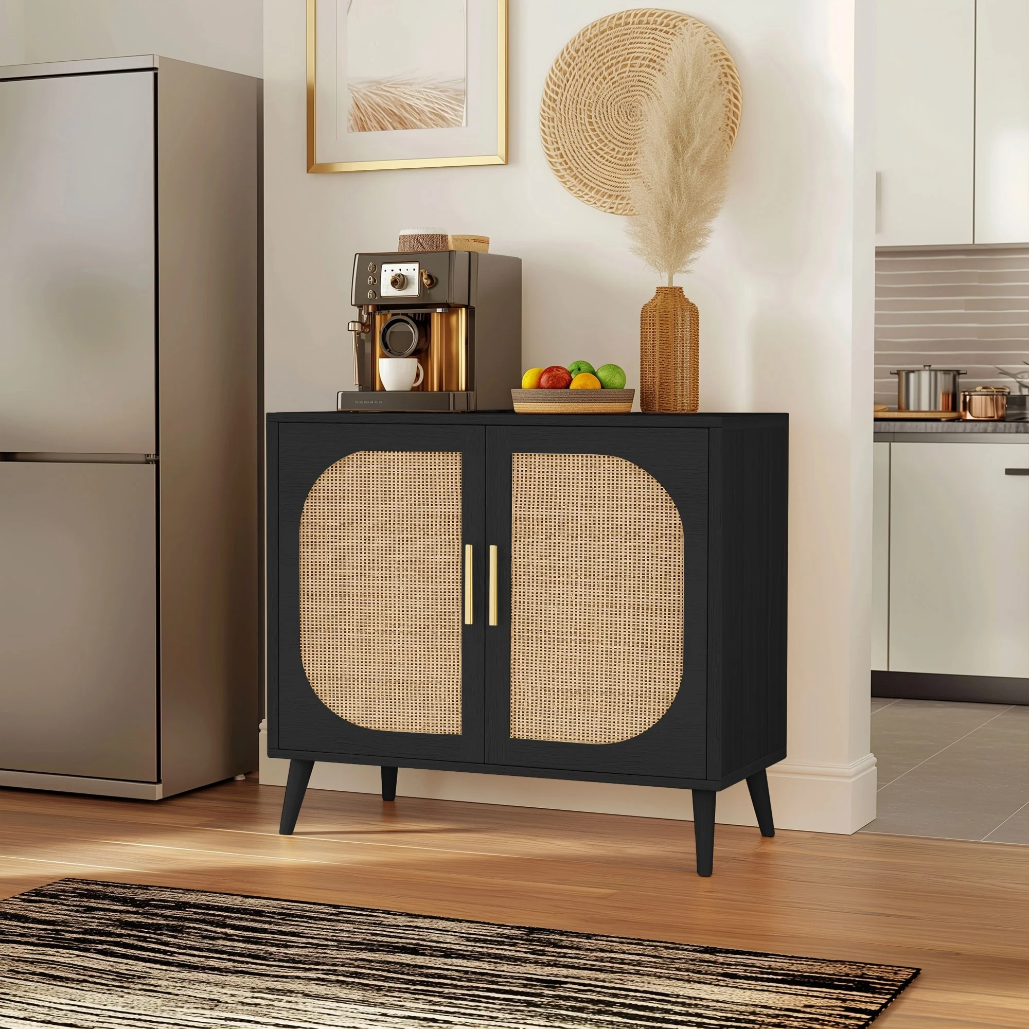 Modern Storage Cabinet with 2 Doors and 4 Storage Compartments, Solid Wood Legs for Home Kitchen and Bedroom