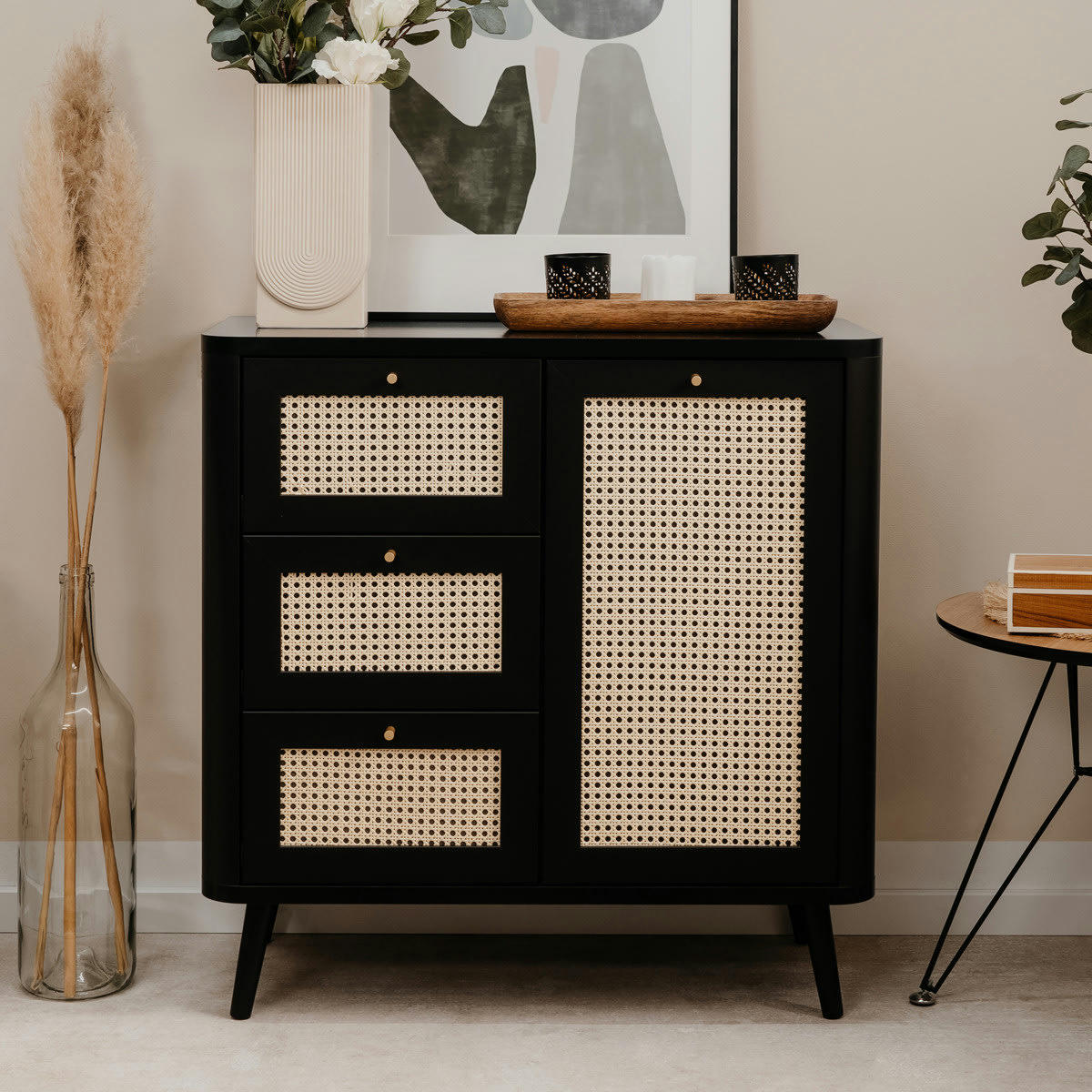 PADANG - Petit buffet cannage et effet bois noir 81 cm
