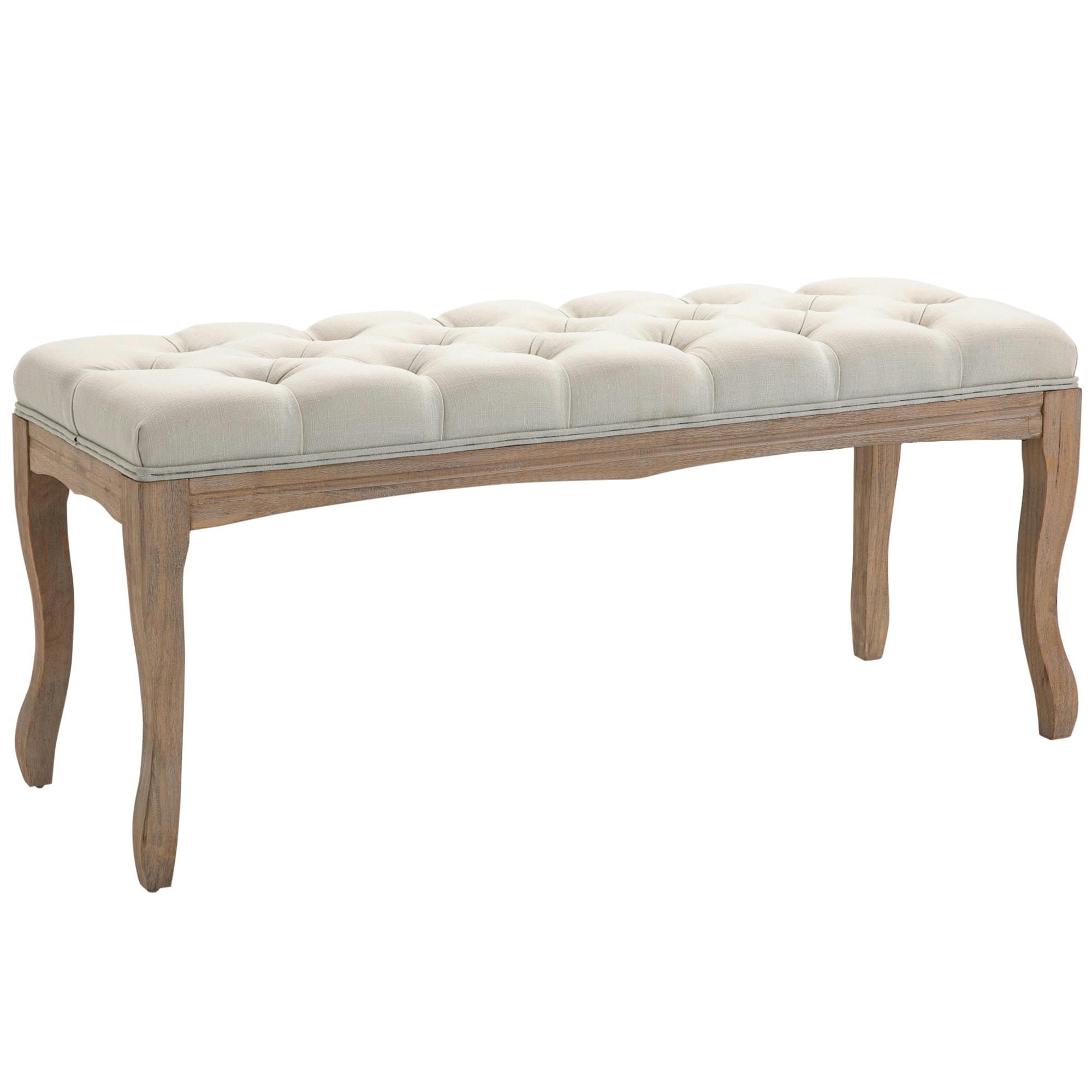 - Banc banquette capitonnée style classique chic pieds bois lin beige