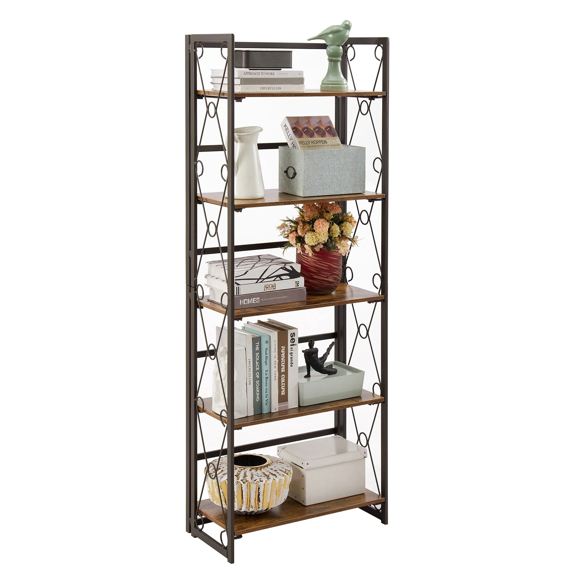 5-Shelves Bookshelf Industrial Folding Wooden Bookcase with Metal Frame