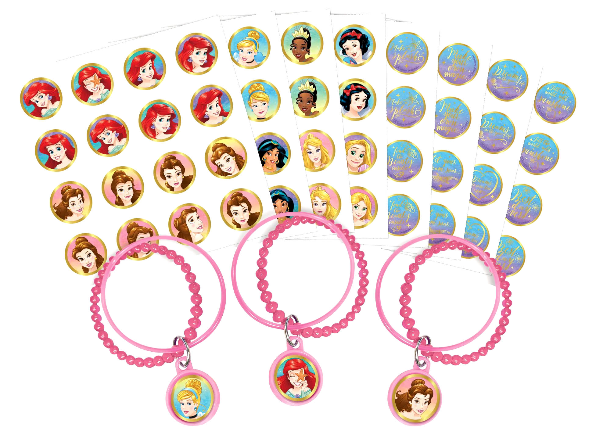 Disney Princess Once Upon A Time Ariel/Belle/Tiana/Cinderella Charm Bracelet Wristbands with Stickers, Multi-Coloured, One Size, 8-pk, Wearable Favours  for Birthdays