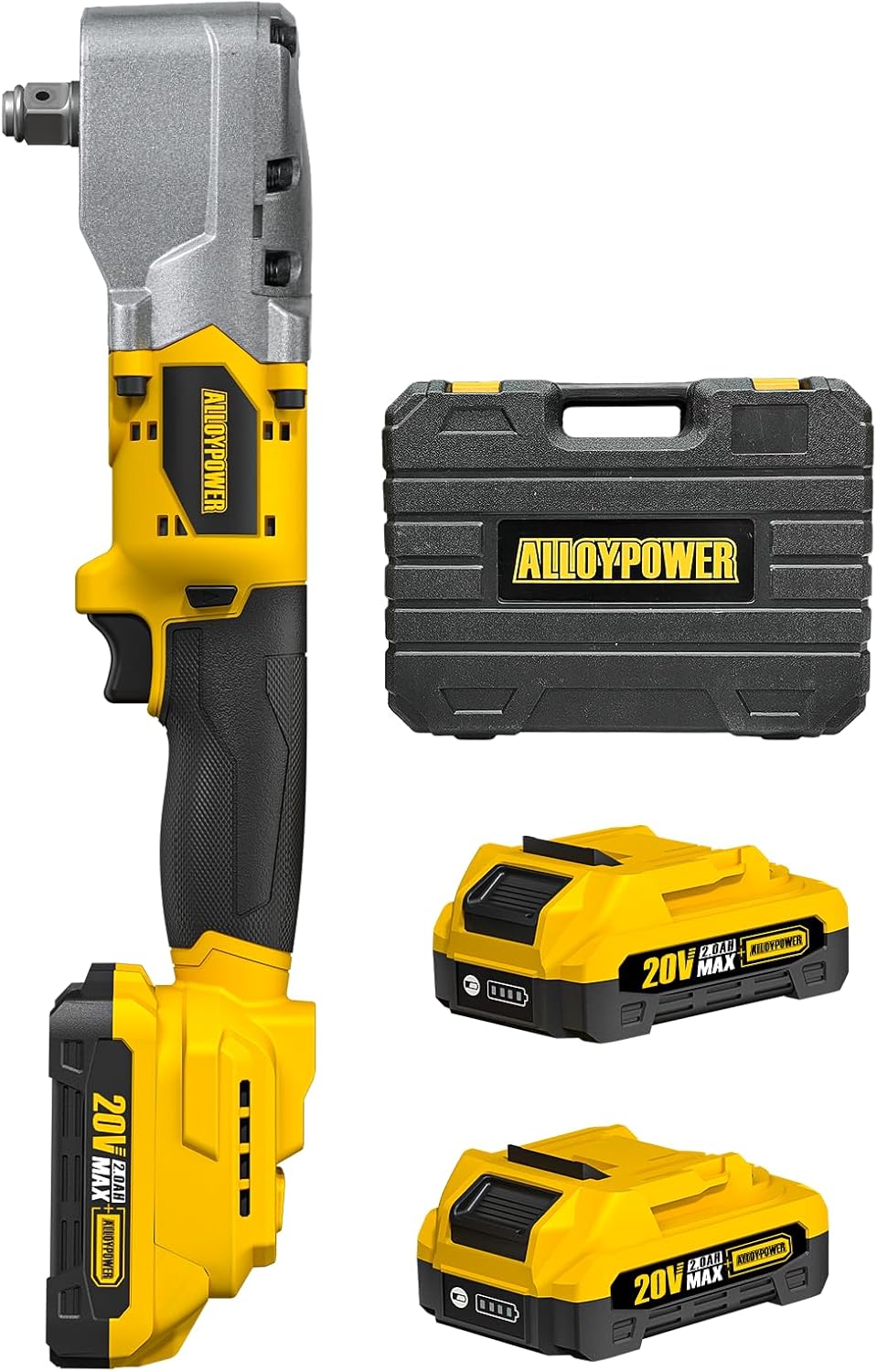 ALLOYPOWER 20V Brushless Right Angle Wrench, 207 Ft-lbs（280N.M）,1/2'' High Torque Cordless Power Tool with 2×2.0Ah Batteries, LED Light, 2-Speed Control, Compact 90° Design for Tight Spaces