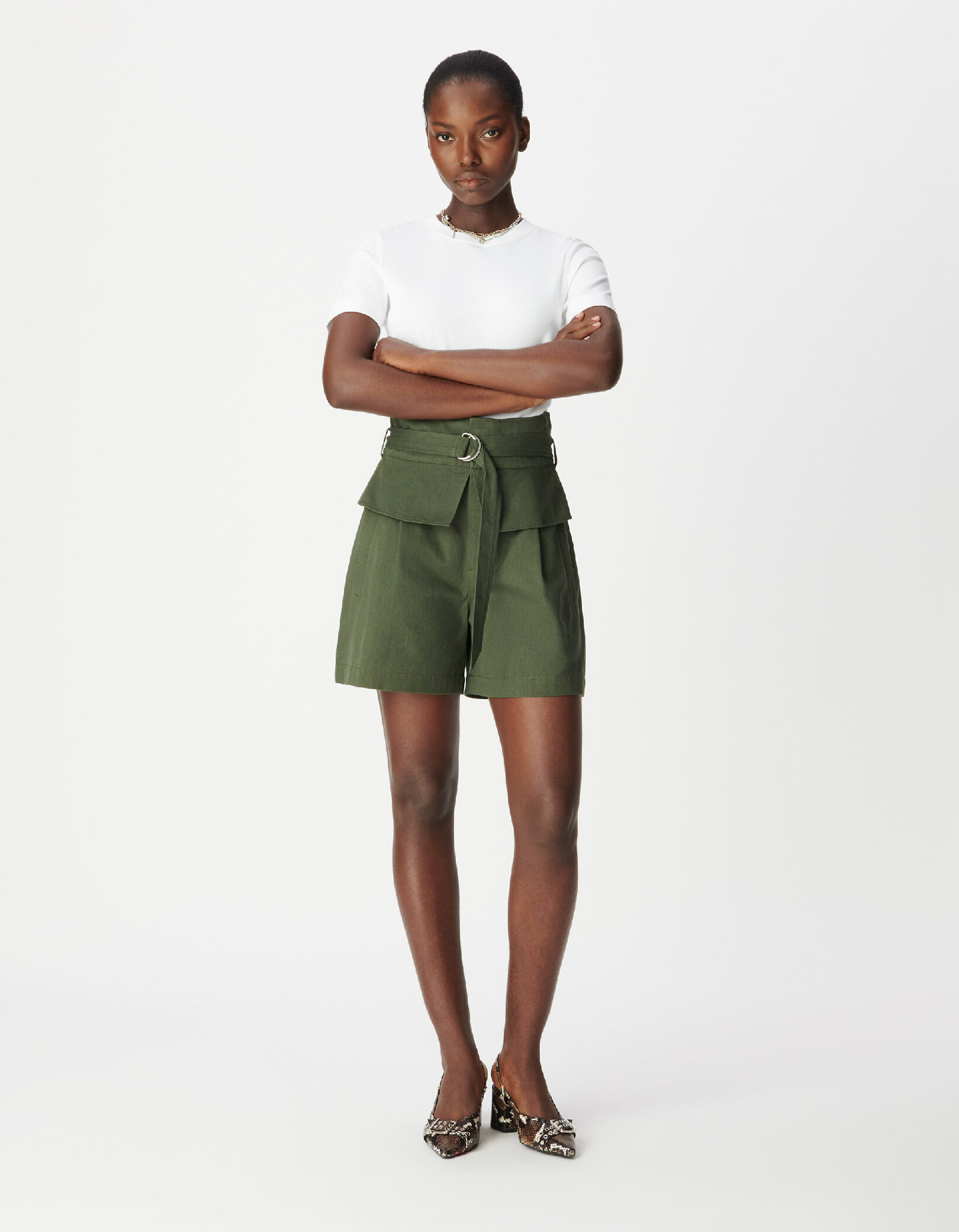 Short kaki à taille haute ceinturée Femme