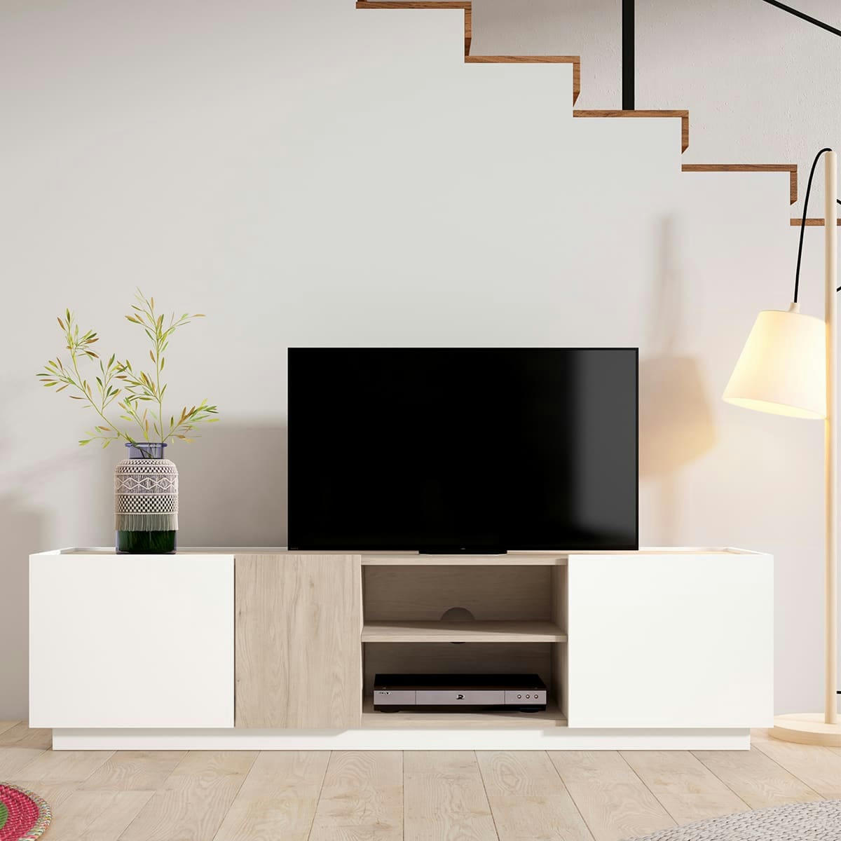 JOSIE - Buffet 3 portes blanc et effet bois 130 cm