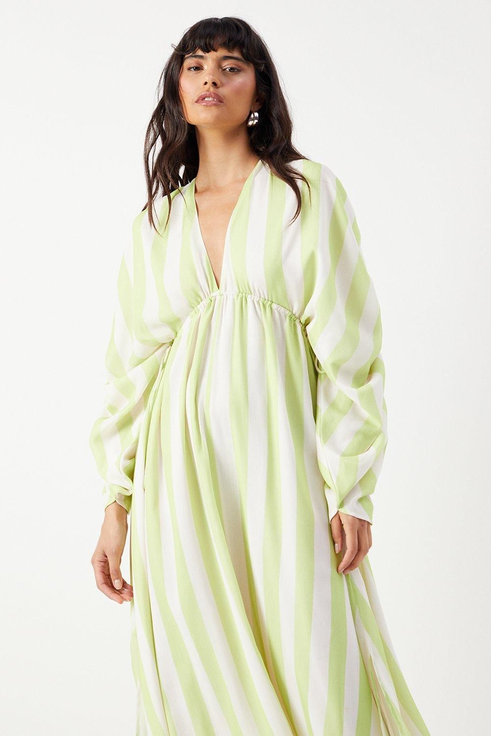 Warehouse Stripe Chiffon Pleat Plunge Neck Batwing Midaxi Dress