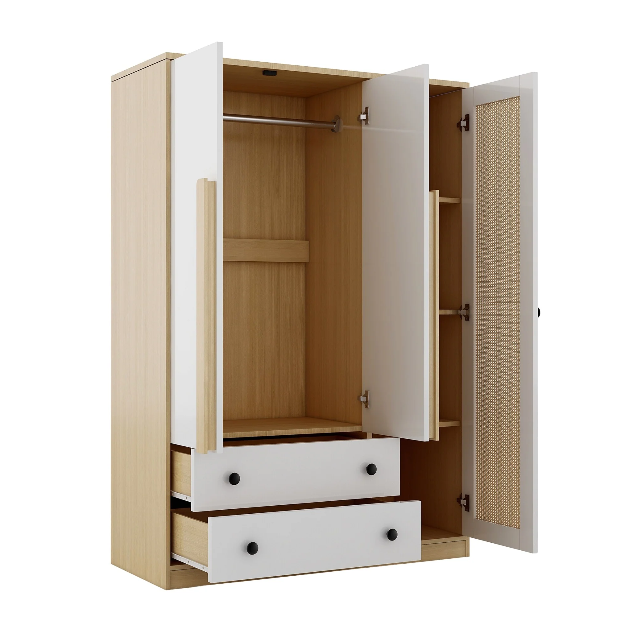 Bedroom 3-Doors Versatile Rattan Wardrobe with Hanging Rail & Drawers