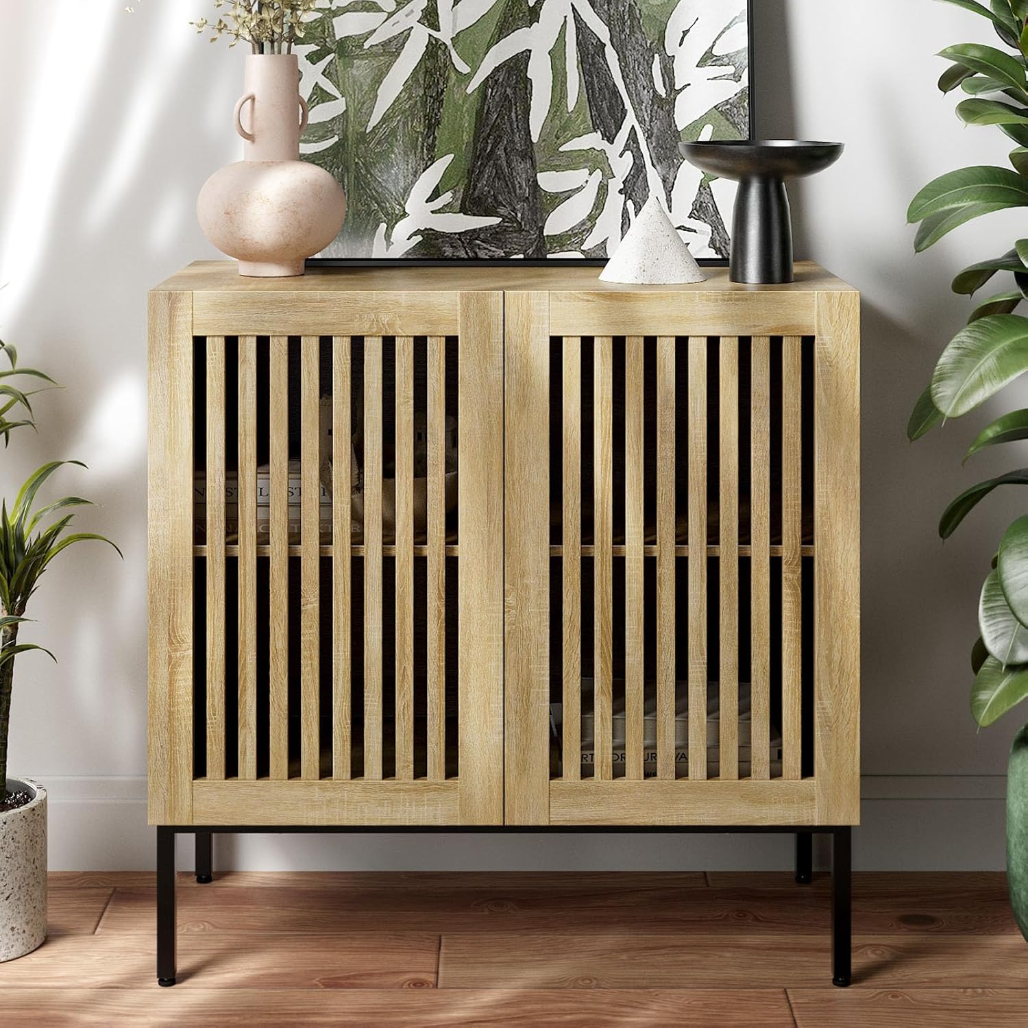 BVIUNTWO Buffet Cabinet with Storage,31.5 Farmhouse Console Table with Metal Base and Adjustable Shelf,Sideboard Coffee Bar Cabinet with 2 Doors for Kitchen,Dining Room,Living Room,Oak