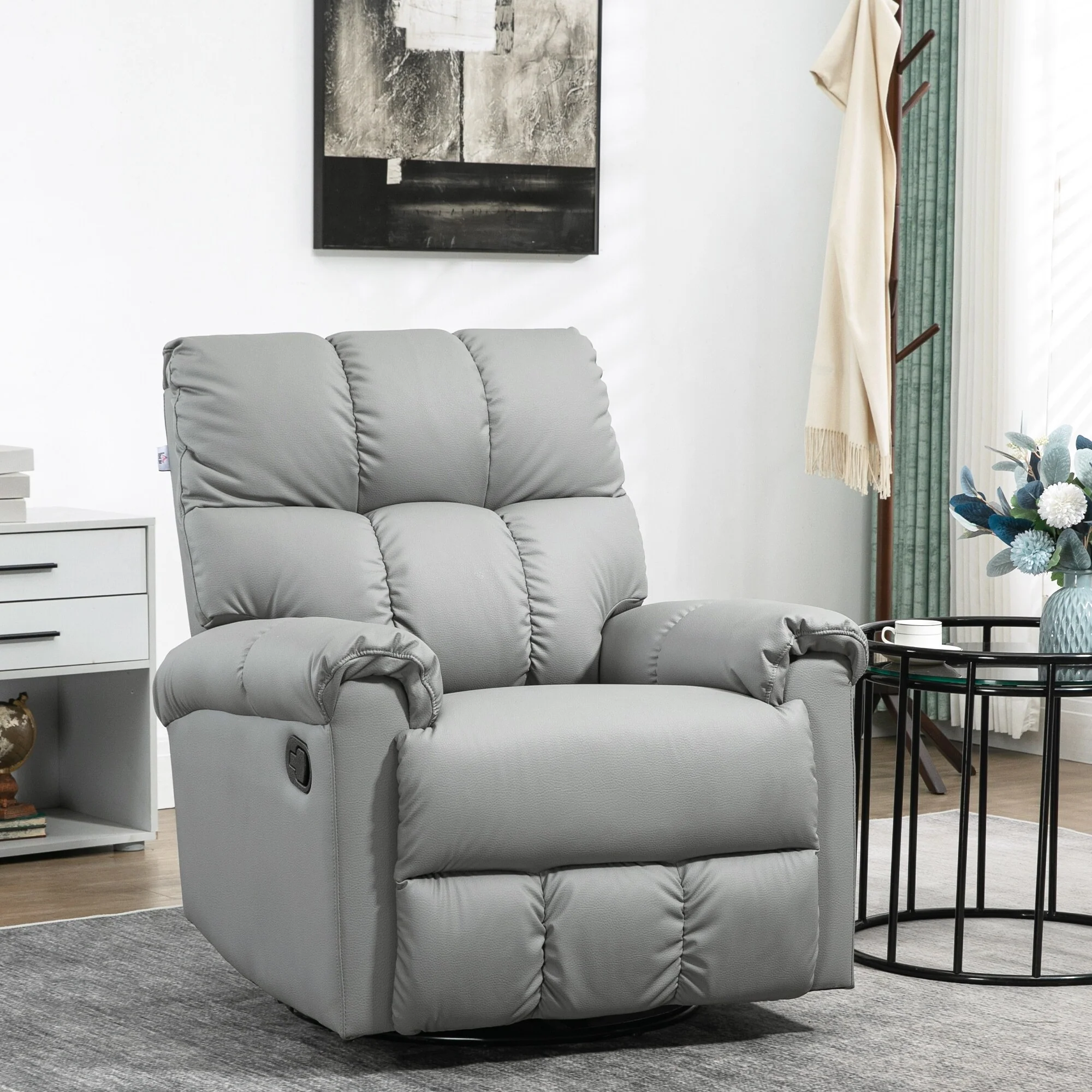 Grey Faux Leather Rocker Recliner with 360° Swivel Base