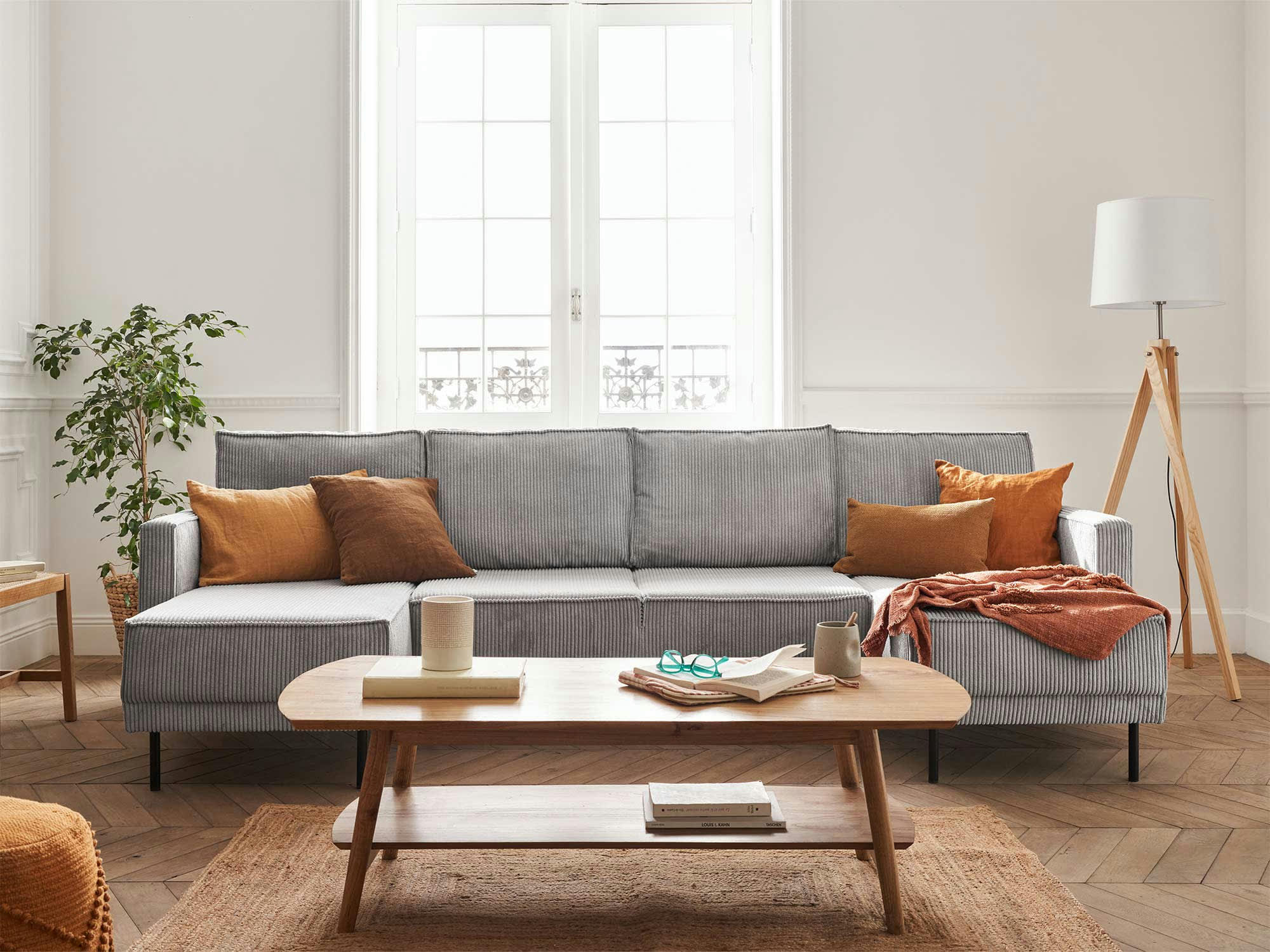 CHARLIE - Canapé panoramique 7 places angle réversible en velours côtelé gris