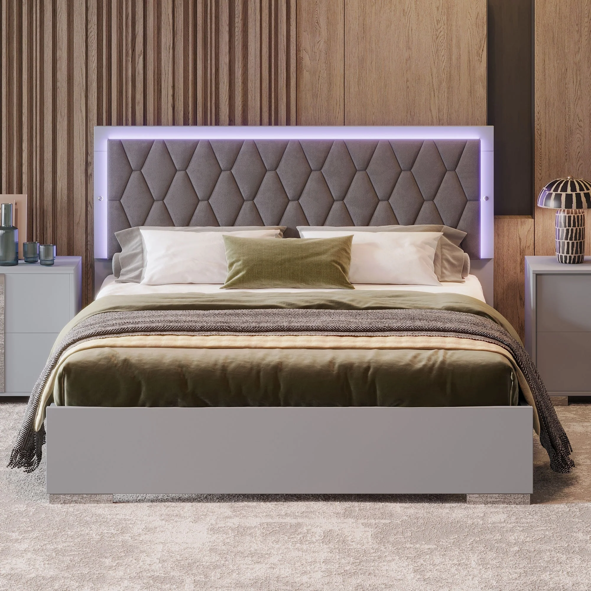 Modern Queen Upholstered Platform Bed with LED Headboard, Velvet Finish, 800 lbs Capacity