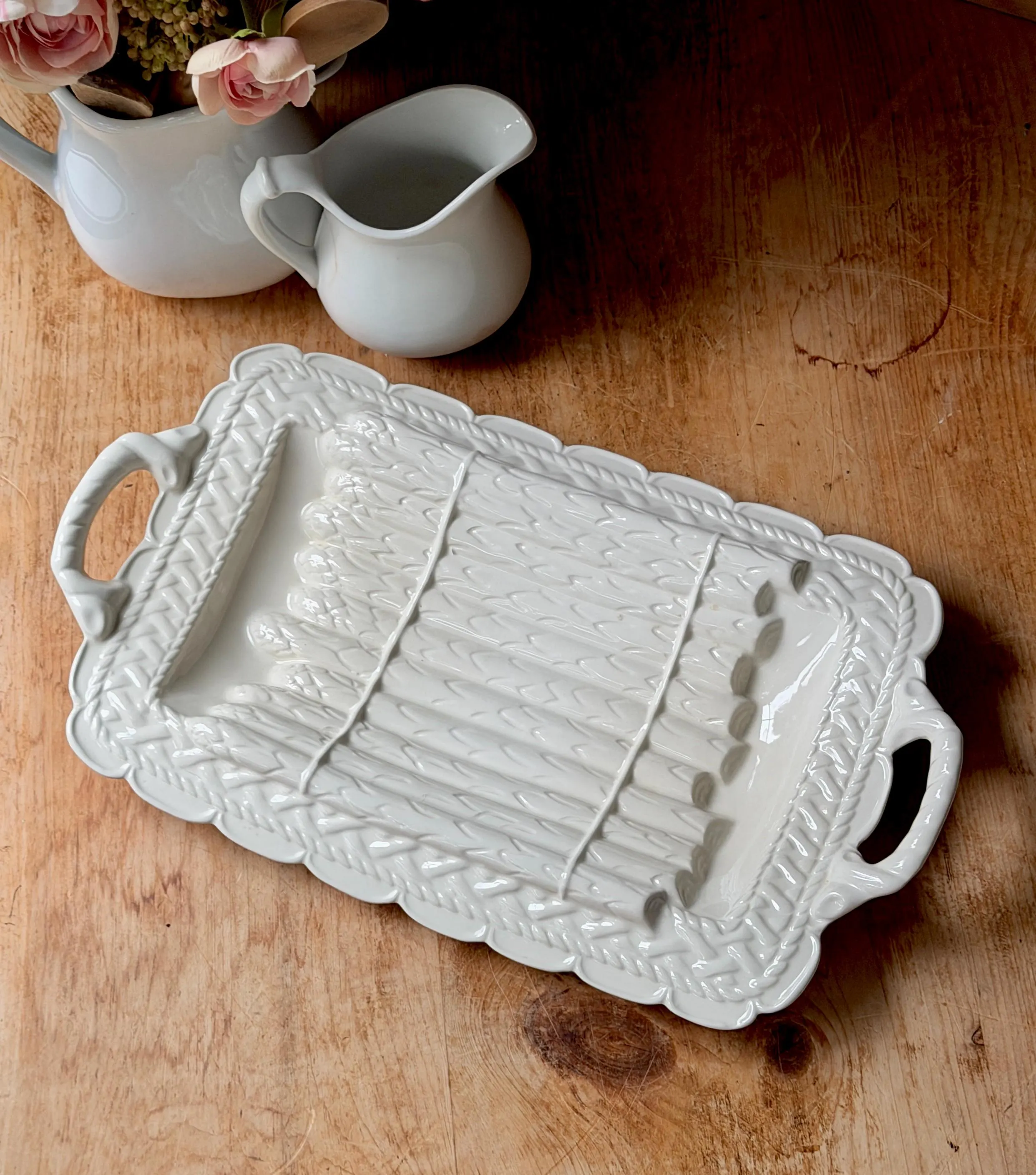 Vintage Majolica White Asparagus Plate Serving Platter Tray With Handles