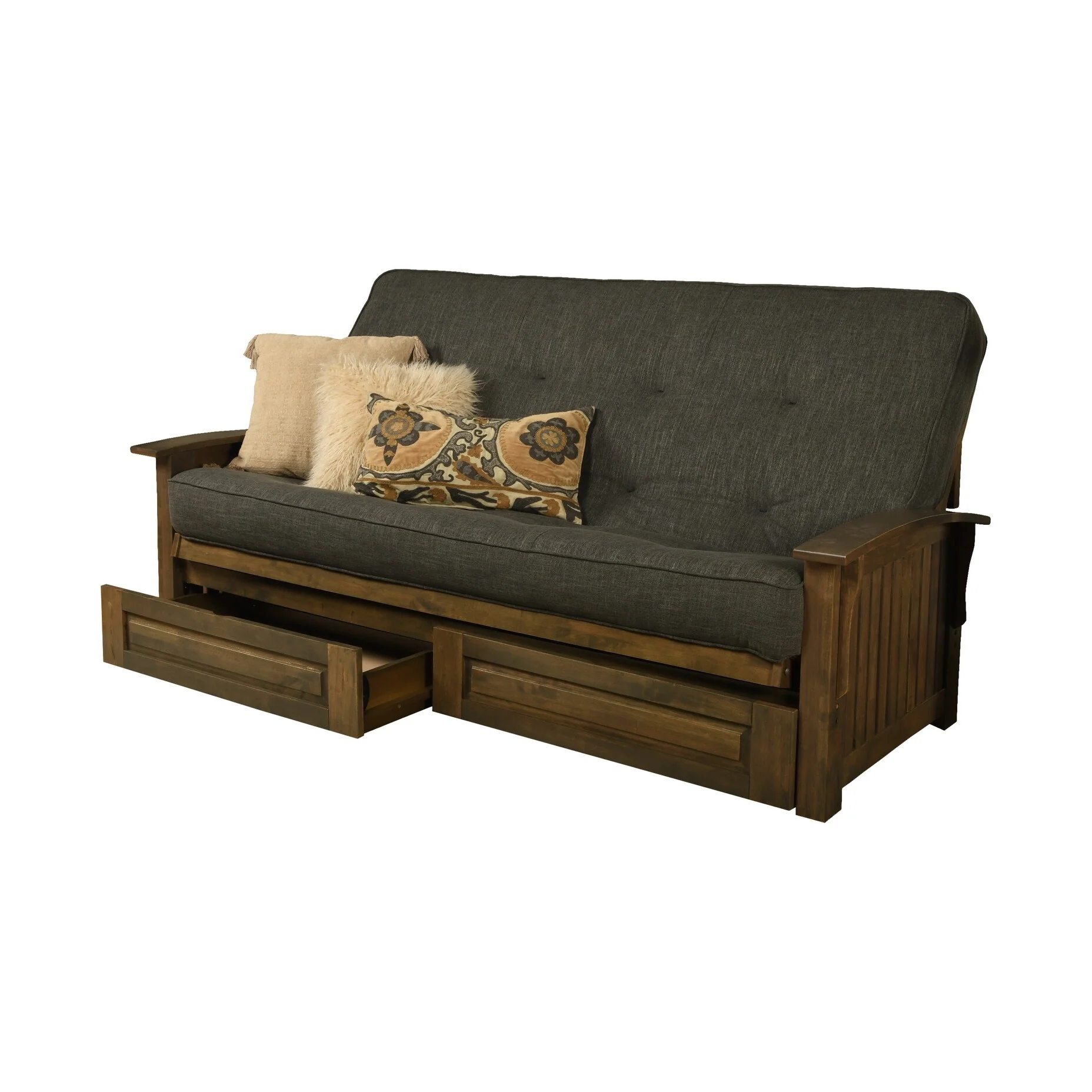 Somette Washington Queen-size Storage Futon Set in Rustic Walnut with Linen Mattress