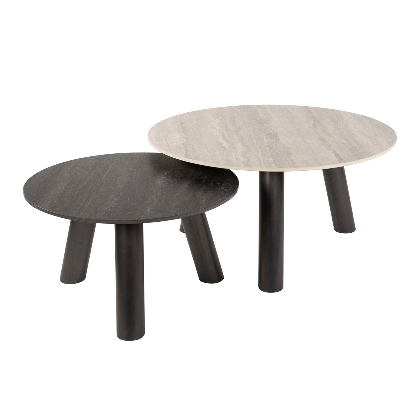 Giga Meubel Salontafel Twin - Rond Zwart/Grijs Travertin - Set van 2
