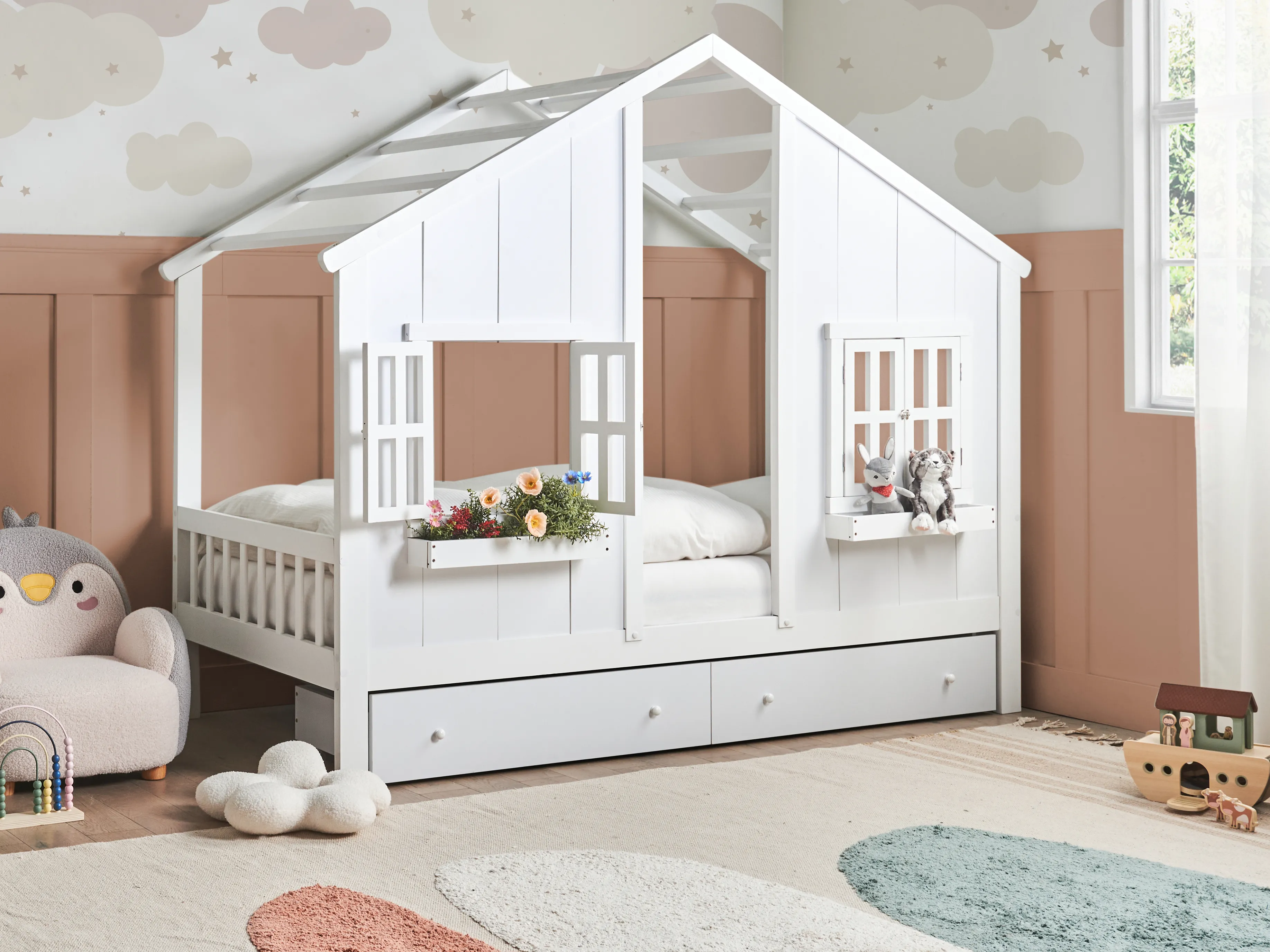 Kids Bed with Drawers House Pine Wood TRAPPES 90 x 200 cm (EU Single) White