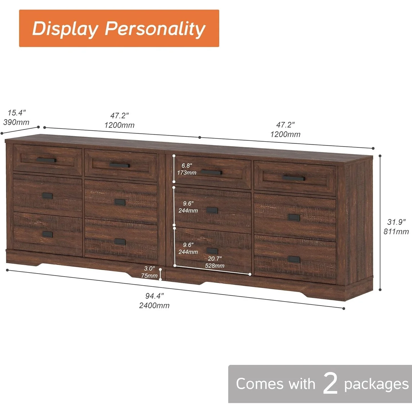 Wooden Dresser for Bedroom with 6 Drawers, 2 in 1 12 Drawer Farmhouse Storage Cabinet