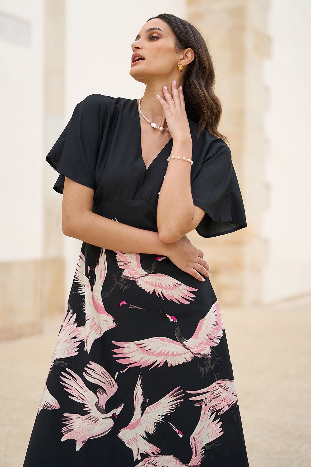Yumi Black Fabric Crane Print Kimono Midi Dress