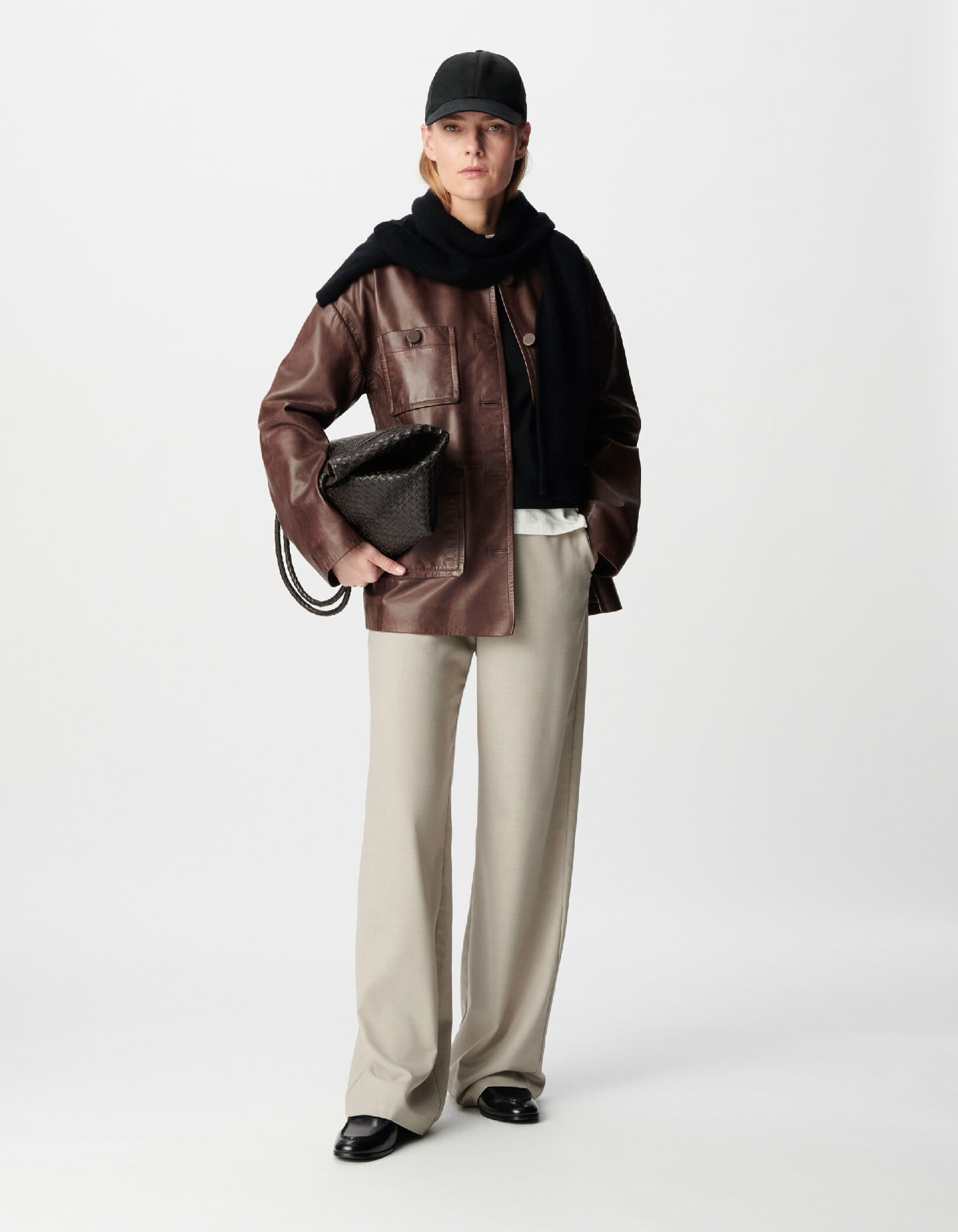 Manteau marron cuir délavé poches plaquées Femme