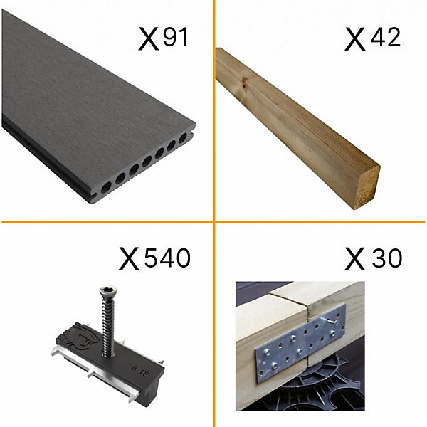 Kit Terrasse ATLANTA 30m² - 91 Lames de Terrasse (220 x 14.5 x 2.25 cm) - Platinium - Garantie 15 ans - Fixation par Clips