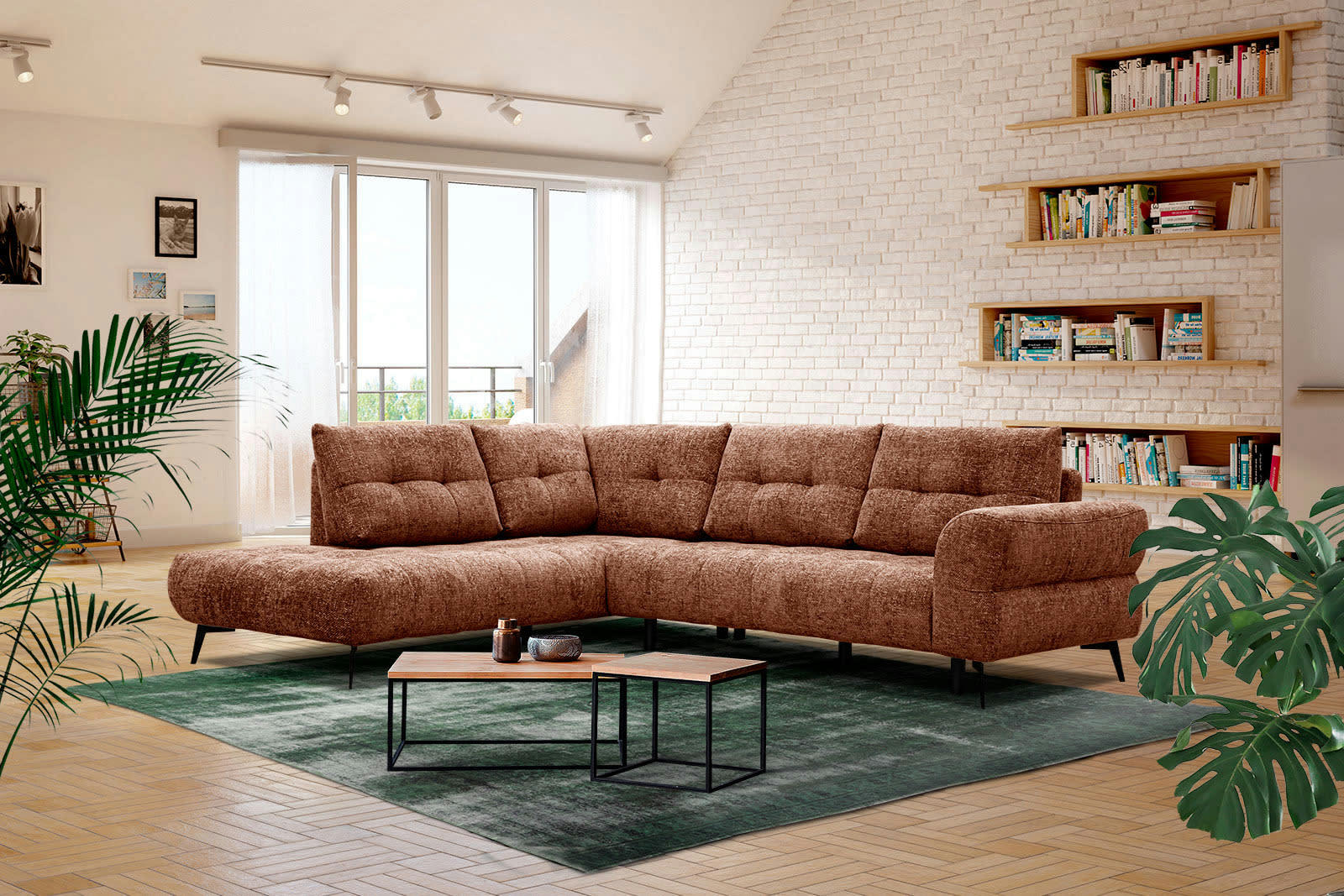 SALVINI - Canapé d'angle gauche 5 places tissu  rouge brique