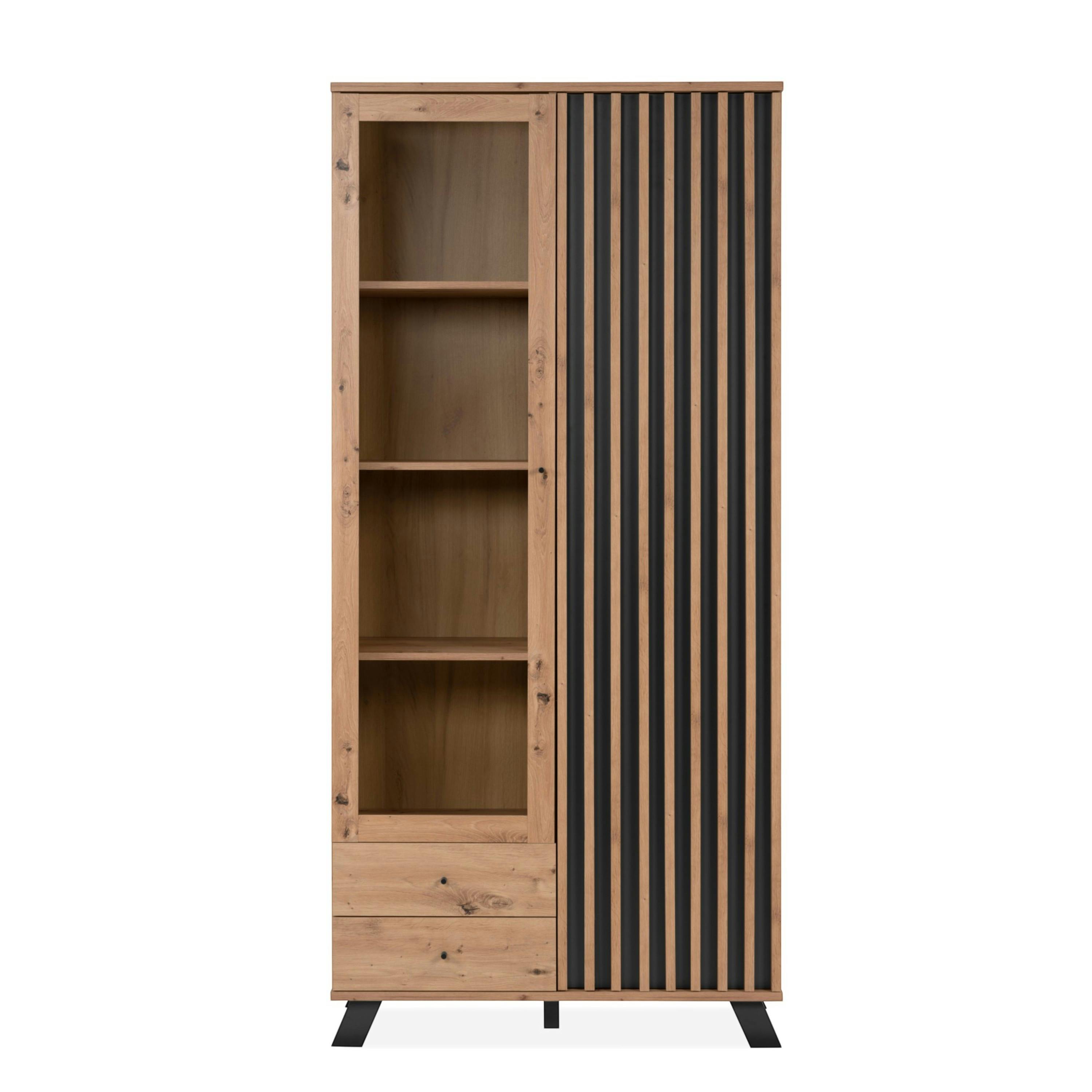 Bibliothèque vitrine 1 porte noire rainurée ALVA