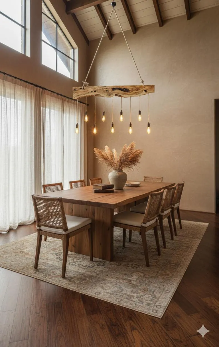 Olive Wood Rustic Light Fixture, Farmhouse Wooden Live Edge Chandelier For Dinign Room, Unique Ceiling Light For Dining Table and Kitchen